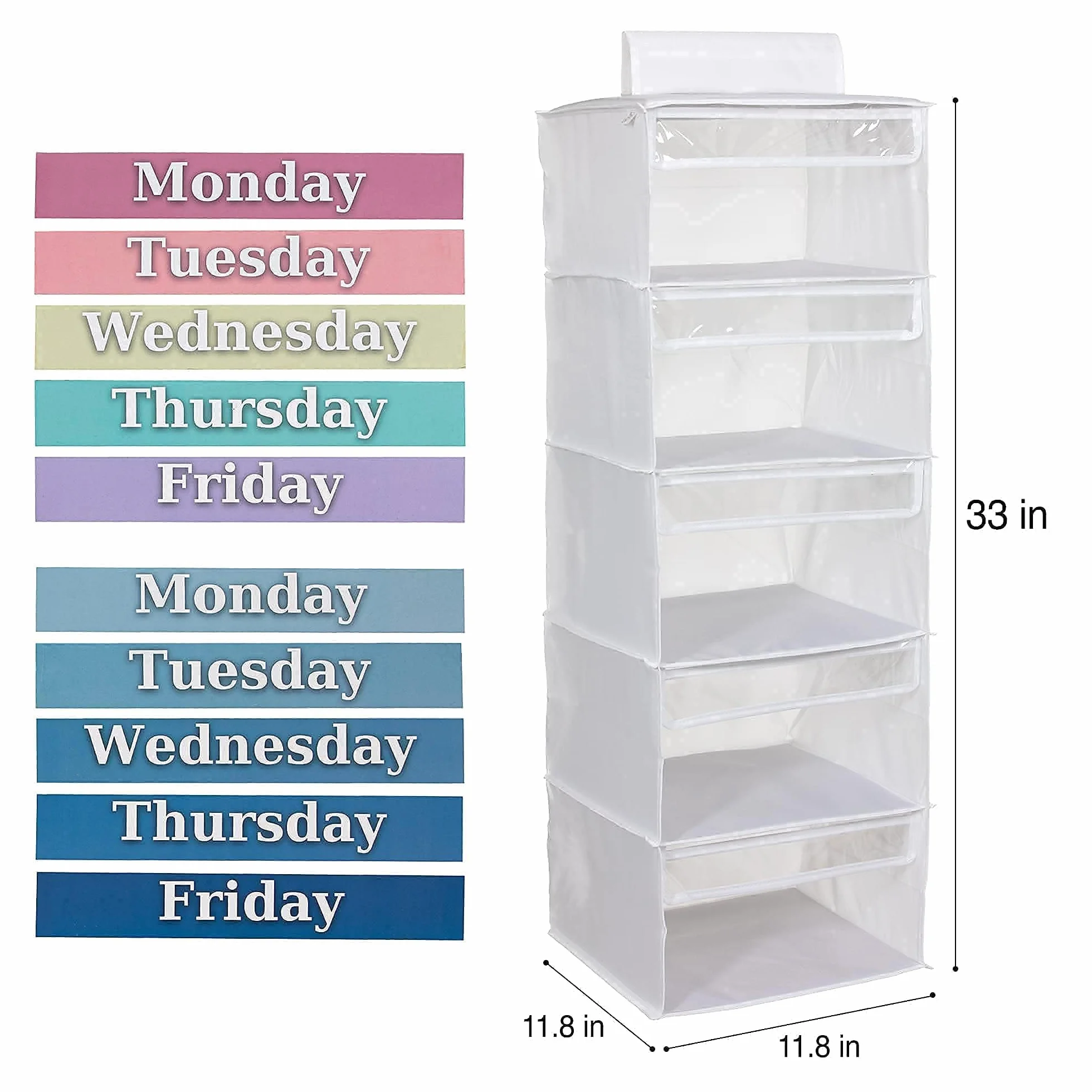 Three Sweet Peas Co 5-półkowy tygodniowy organizer na ubrania dla dzieci (83 cm) Dzień tygodnia dzień tygodnia od poniedziałku do piątku, biały