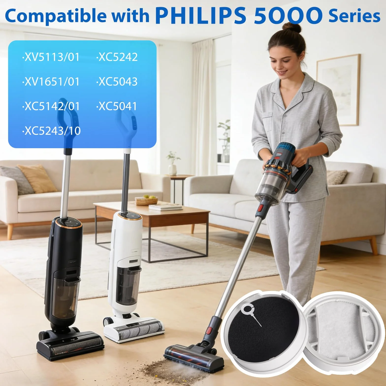 4 sztuki filtrów do odkurzacza akumulatorowego Philips-5000 Series XC5041, XC5043, XC5141, XC5142, XC5242, XC5243, XC5244 akumulatorowego odkurzacza, filtr wymienny, trwały i można go myć