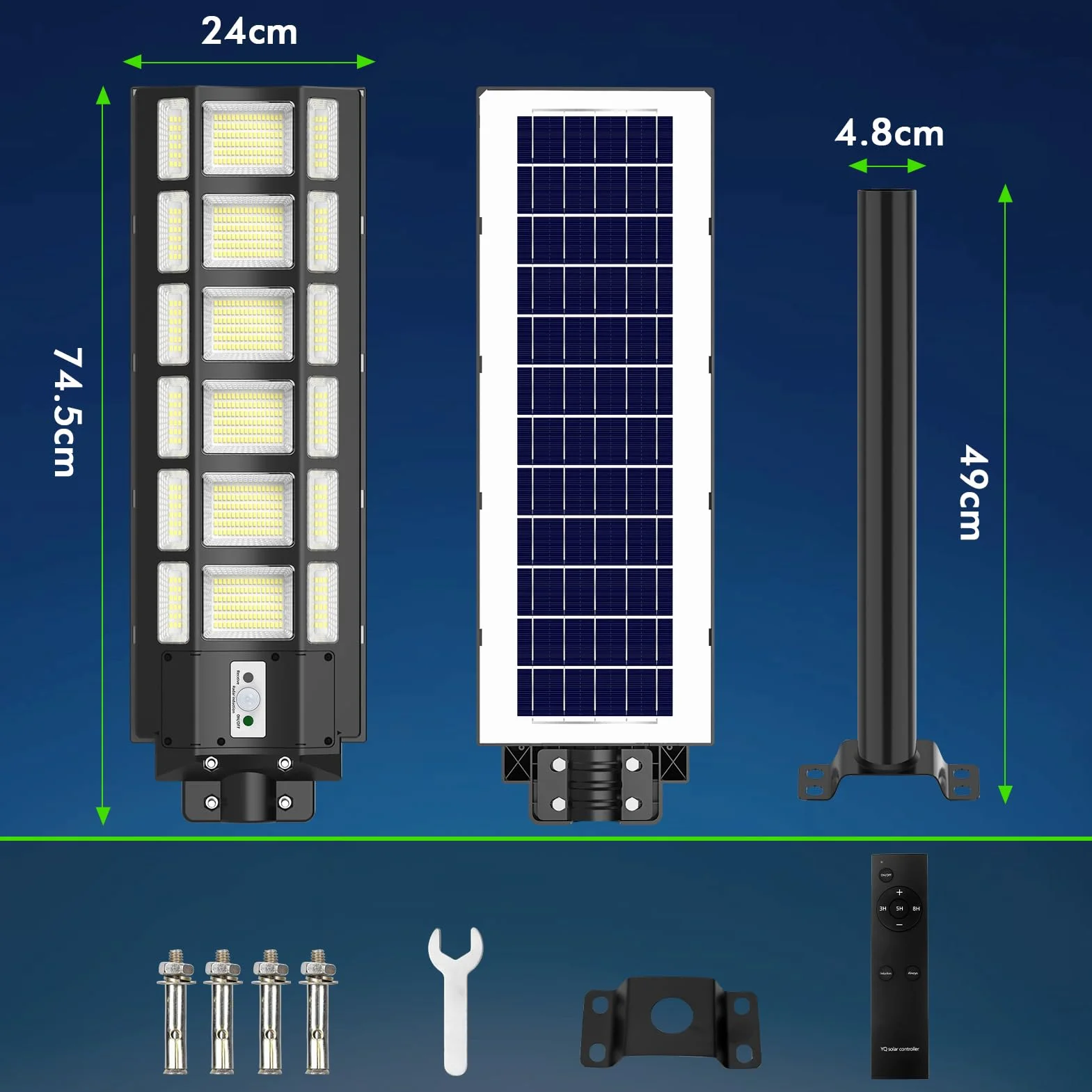 Solarna lampa uliczna LED z pilotem zdalnego sterowania, 1200 W, 6500 K, z czujnikiem ruchu, od zmierzchu do świtu, klasa wodoszczelności IP67, wodoszczelna lampa uliczna do ulicy, garażu