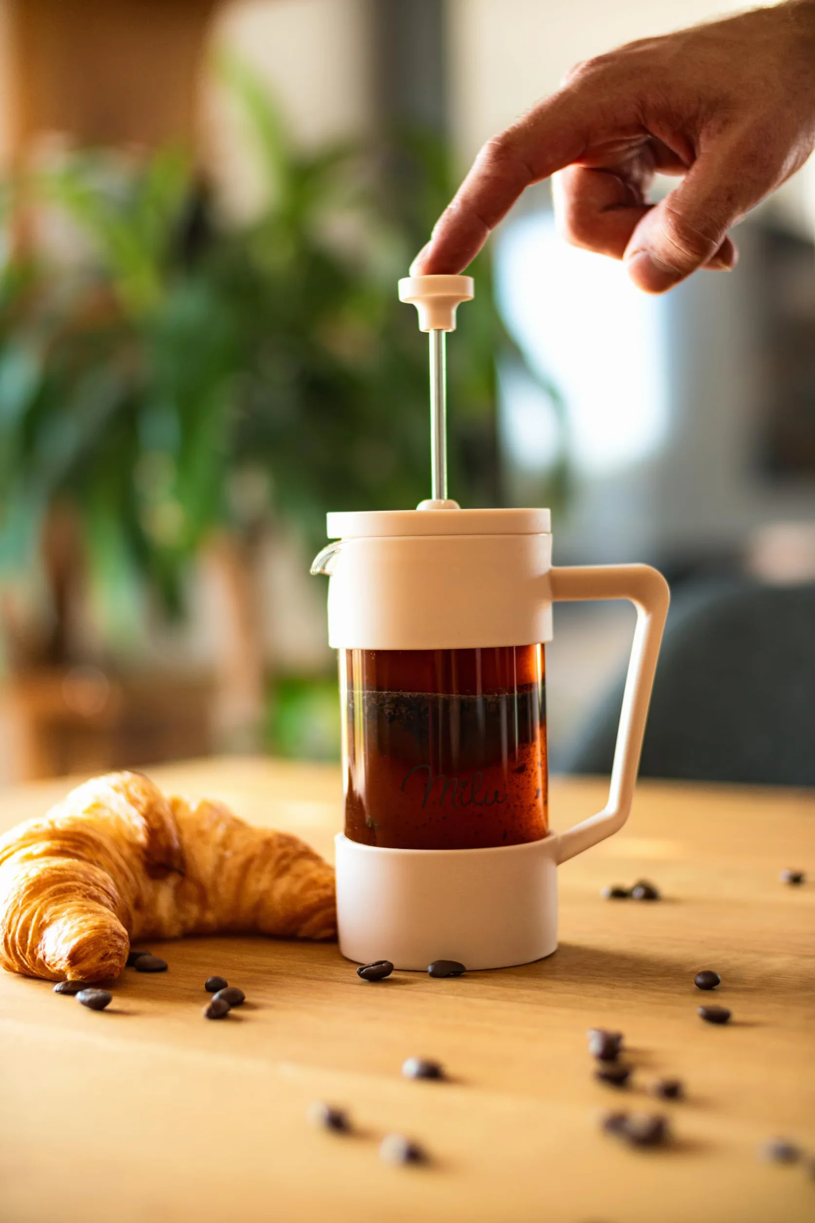 Milu French Press ekspres do kawy, 350 ml, 600 ml, 1 l, szklany ekspres do kawy, do domu, podróży, na kemping, w zestawie podstawka, łyżka, filtr zastępczy (beżowy, 350 ml (2 filiżanki)