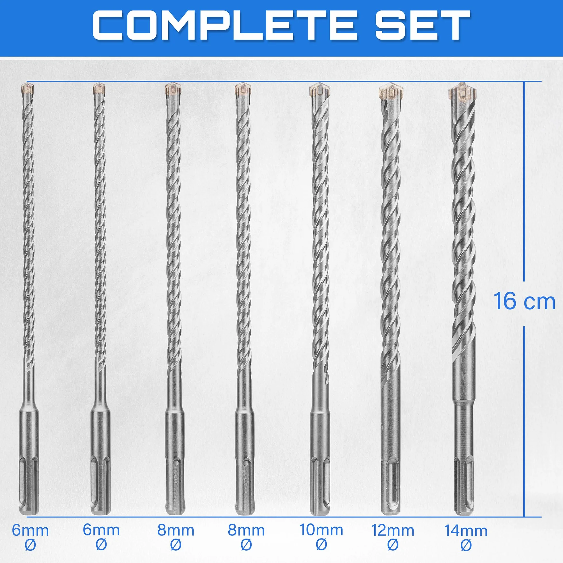 7-częściowy zestaw wierteł węglikowych SDS Plus (6/8/10/12/14 mm) do młotów udarowych i wiertarek udarowych, z końcówką wolframową do betonu i muru z cegły