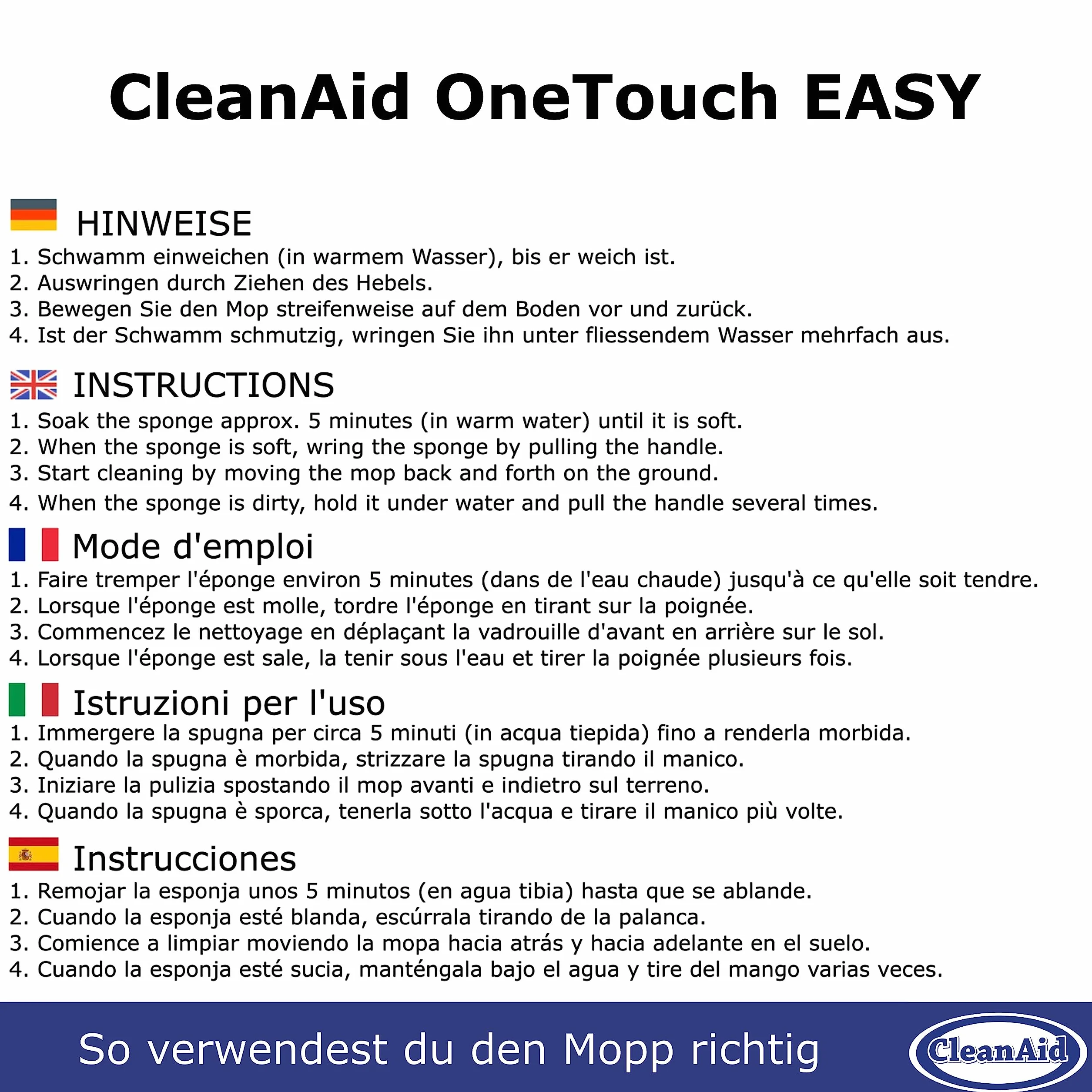 OneTouch Easy Mop Podłogowy - Mop z Gąbki do Podłóg z Teleskopową Rączką, Wbudowaną Wyciskarką i Wysoce Chłonną Gąbką PVA - Mop Gąbkowy do Czyszczenia Podłóg w Kuchni, Łazience i w Całym Domu