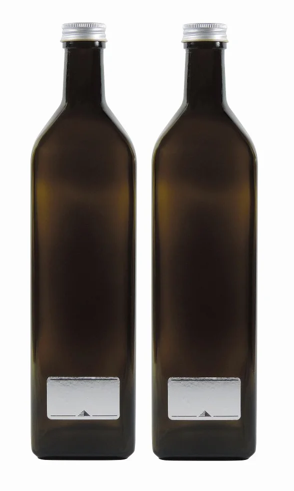 2 x zielono-brązowa szklana butelka 1000 ml, butelka na olej z 2 etykietami do opisywania