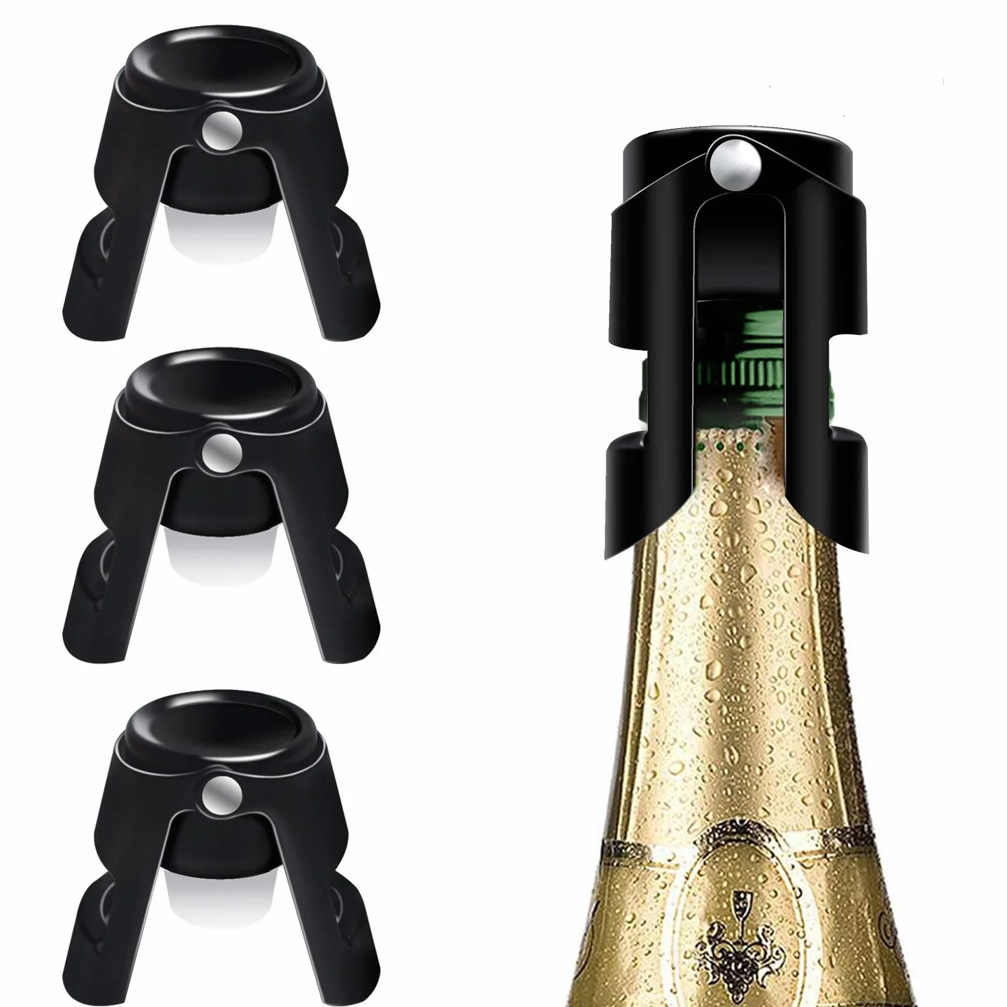 Ausyde korki do szampana, zatyczki do wina, do butelek, ze stali nierdzewnej, próżniowo uszczelnione korki do butelek wina, Prosecco, zatyczki do wina musującego (opakowanie 3 szt., czarne)