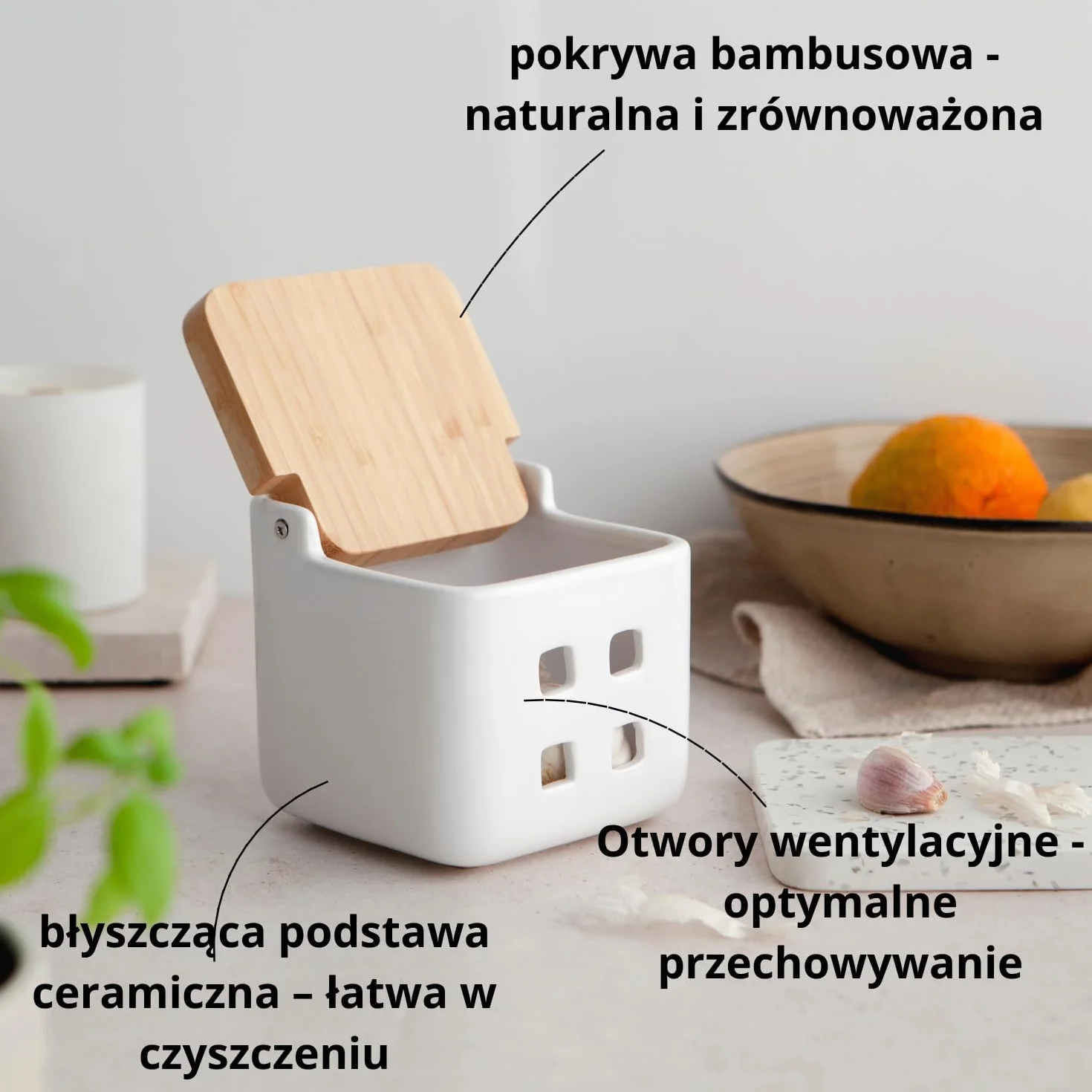 Ceramiczny pojemnik na czosnek z bambusową obrotową pokrywką, garnek do przechowywania czosnku z otworami wentylacyjnymi dla świeżości, błyszczący biały i naturalny bambus, 11,5 x 11,5 cm