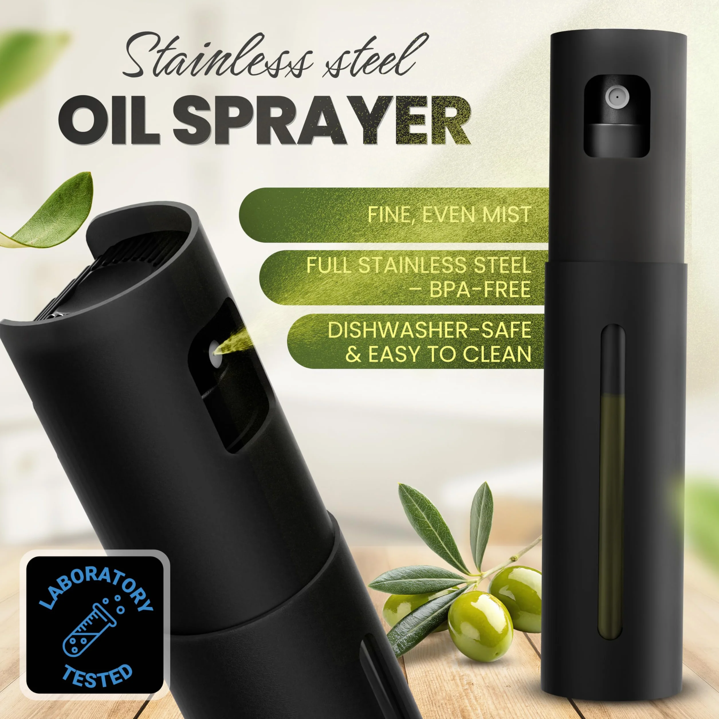 Leisure Life Opryskiwacz oleju premium 2.0 – stal nierdzewna 100 ml | ochrona przed promieniowaniem UV, nie zawiera BPA, nadaje się do mycia w zmywarce | równomierny rozpylacz | do kuchni, grilla i