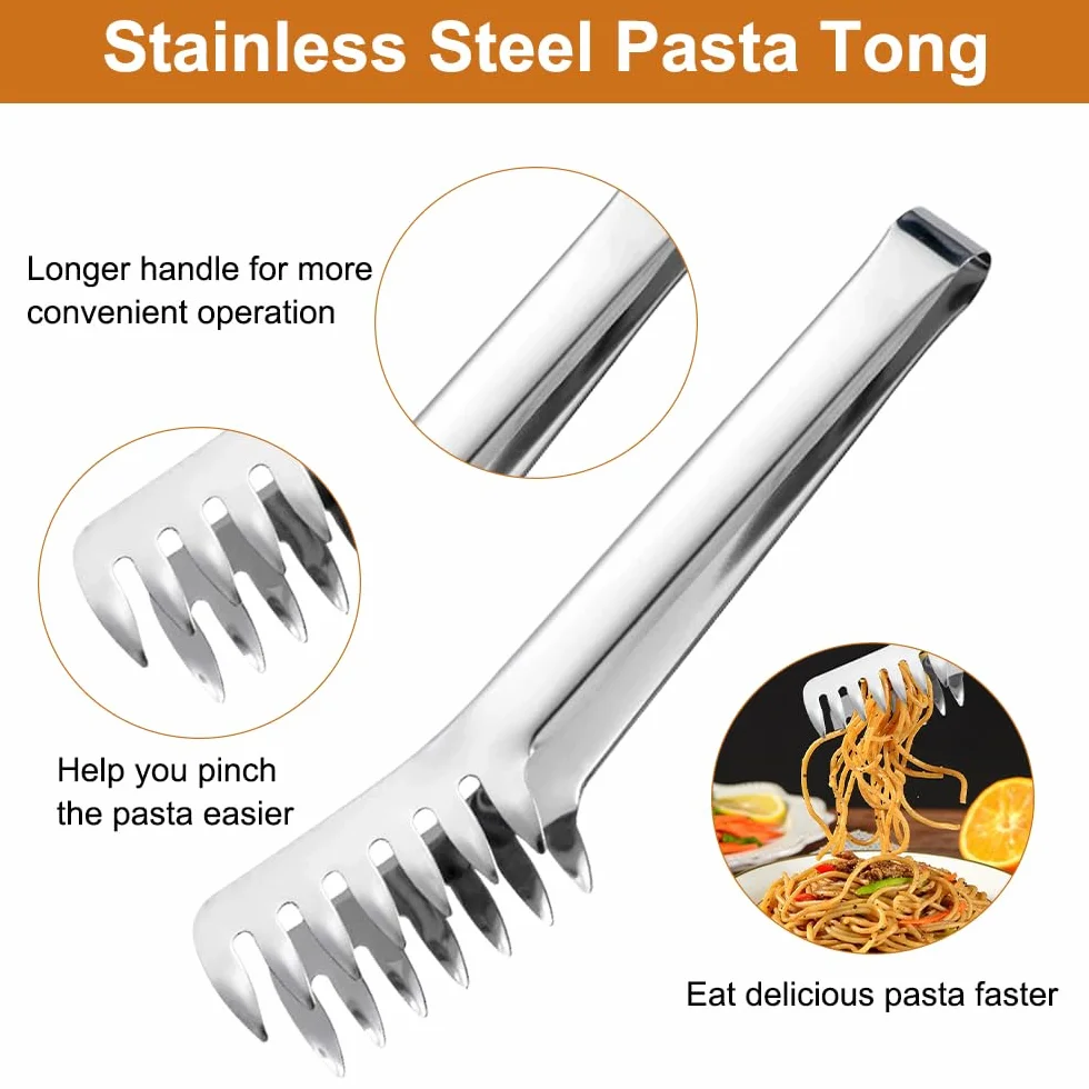 2 sztuki łyżek do spaghetti i szczypce do makaronu ze stali nierdzewnej z ząbkami i ergonomicznym uchwytem, łyżka do makaronu Hängba, nadaje się do mycia w zmywarce, łyżeczki do makaronu do pieczenia