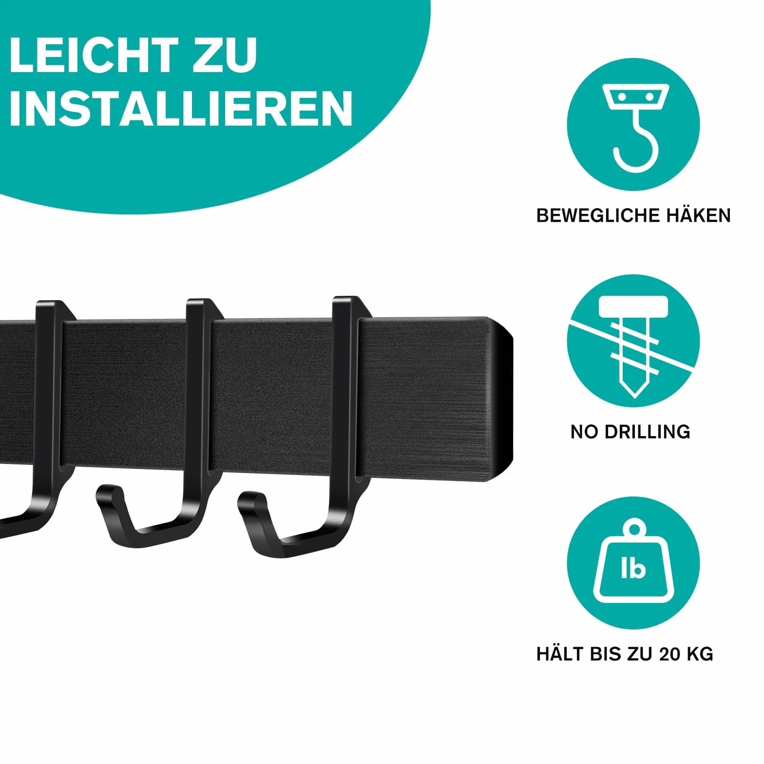 Aluminiowa listwa z haczykami do kuchni 40 cm czarna matowa bez wiercenia 7 haczyków