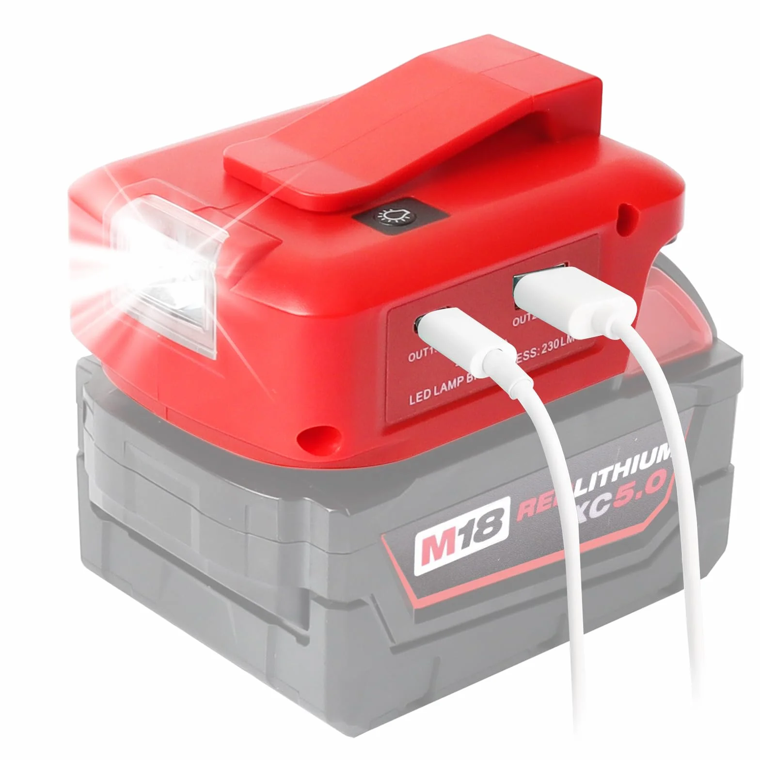 Adapter USB do akumulatora Milwaukee M18 18 V, konwerter z podwójnym portem ładowania USB, port DC 12 V, bezprzewodowa latarka i światło robocze LED (tylko adapter)