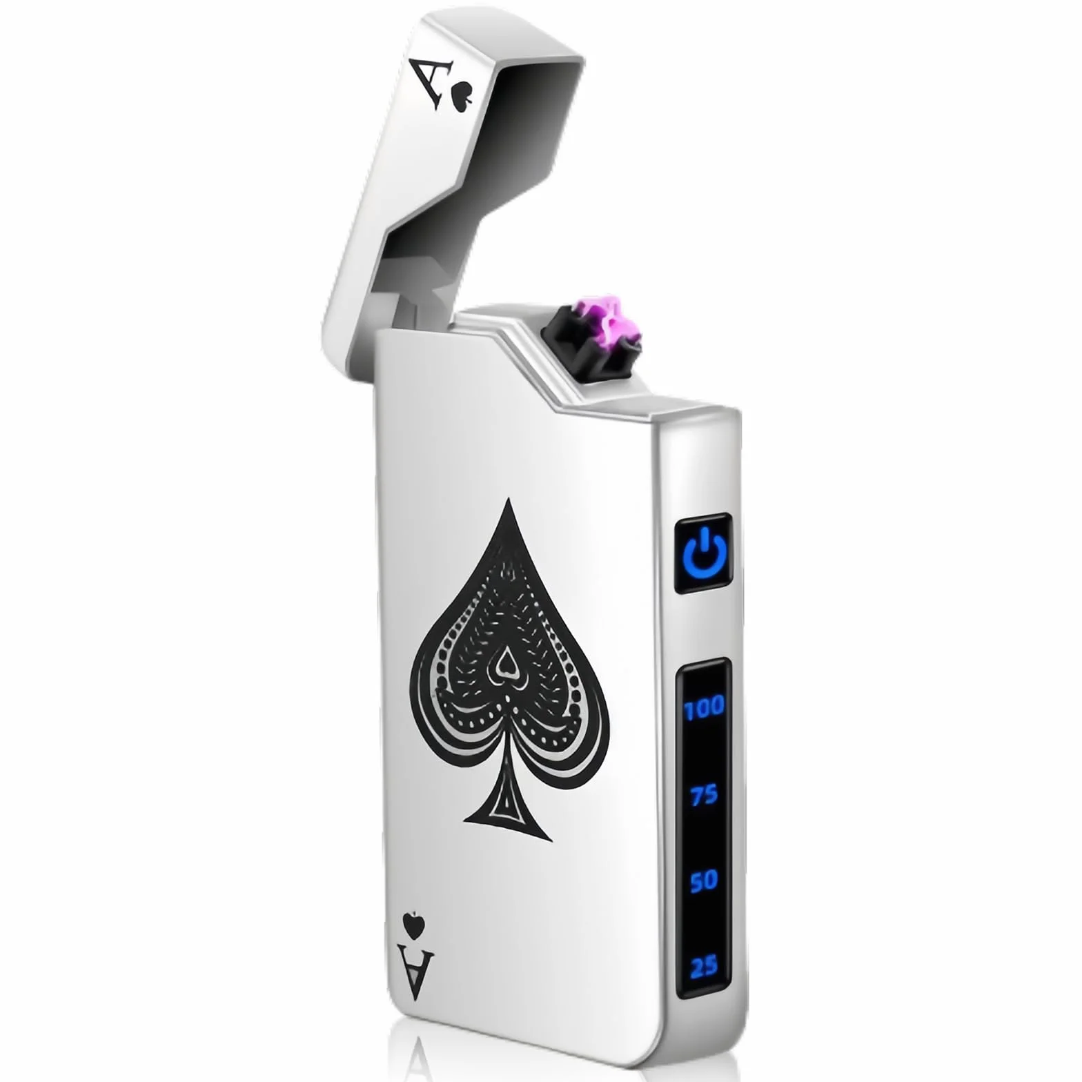 Elektroniczna zapalniczka USB, podwójny łuk LED, USB, elektryczna, wskaźnik baterii, wiatroszczelna, plazmowa z przyciskiem aktywacji (srebrna)