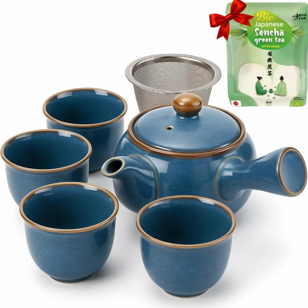 Japoński zestaw do herbaty Kyusu 320 ml z sitkiem stal nierdzewna 4 filiżanki 110 ml