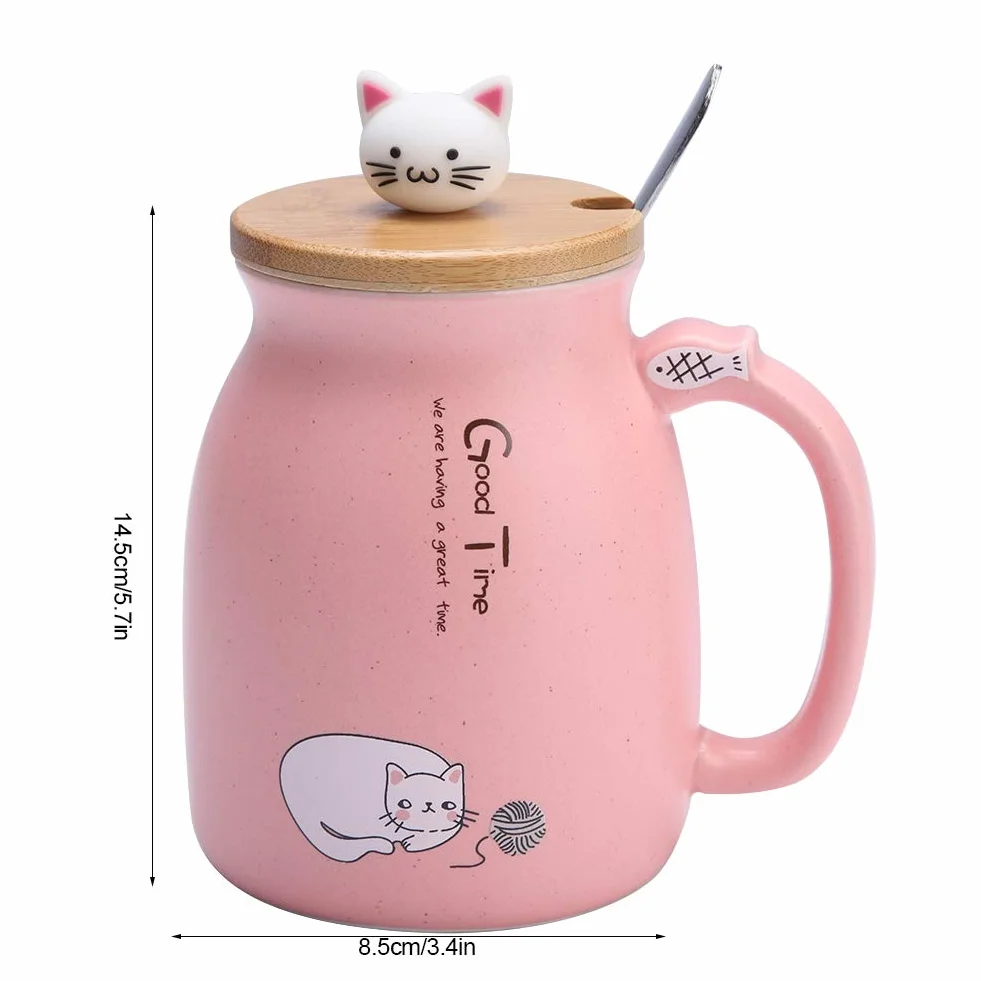 Kubek dla kota 420 ml śliczny ceramiczny kubek do kawy z pięknym kotkiem drewniana pokrywka łyżka ze stali nierdzewnej, poranna filiżanka herbata mleko świąteczny kubek(Pink)
