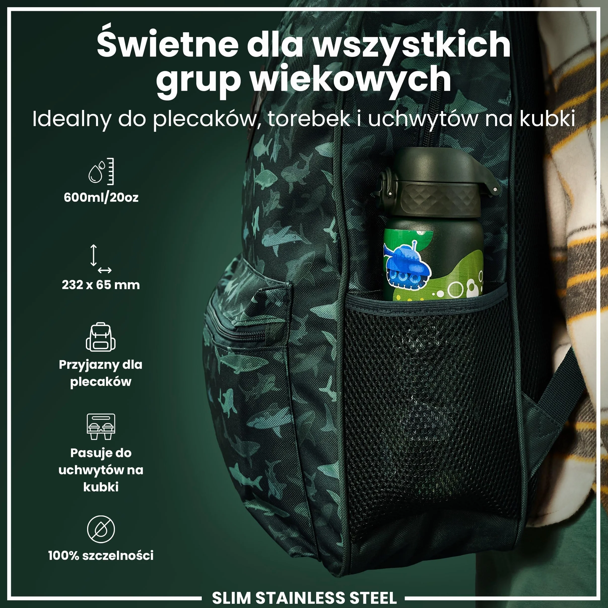 ION8 Butelka na Wodę ze Lekki Stali, 600 ml/20 oz, Nieocieplany, Szczelna, Łatwe Otwieranie, Bezpieczny Zamek, Można Myć w Zmywarce, Higieniczne Pokrycie, Składany Uchwyt, Czołgi