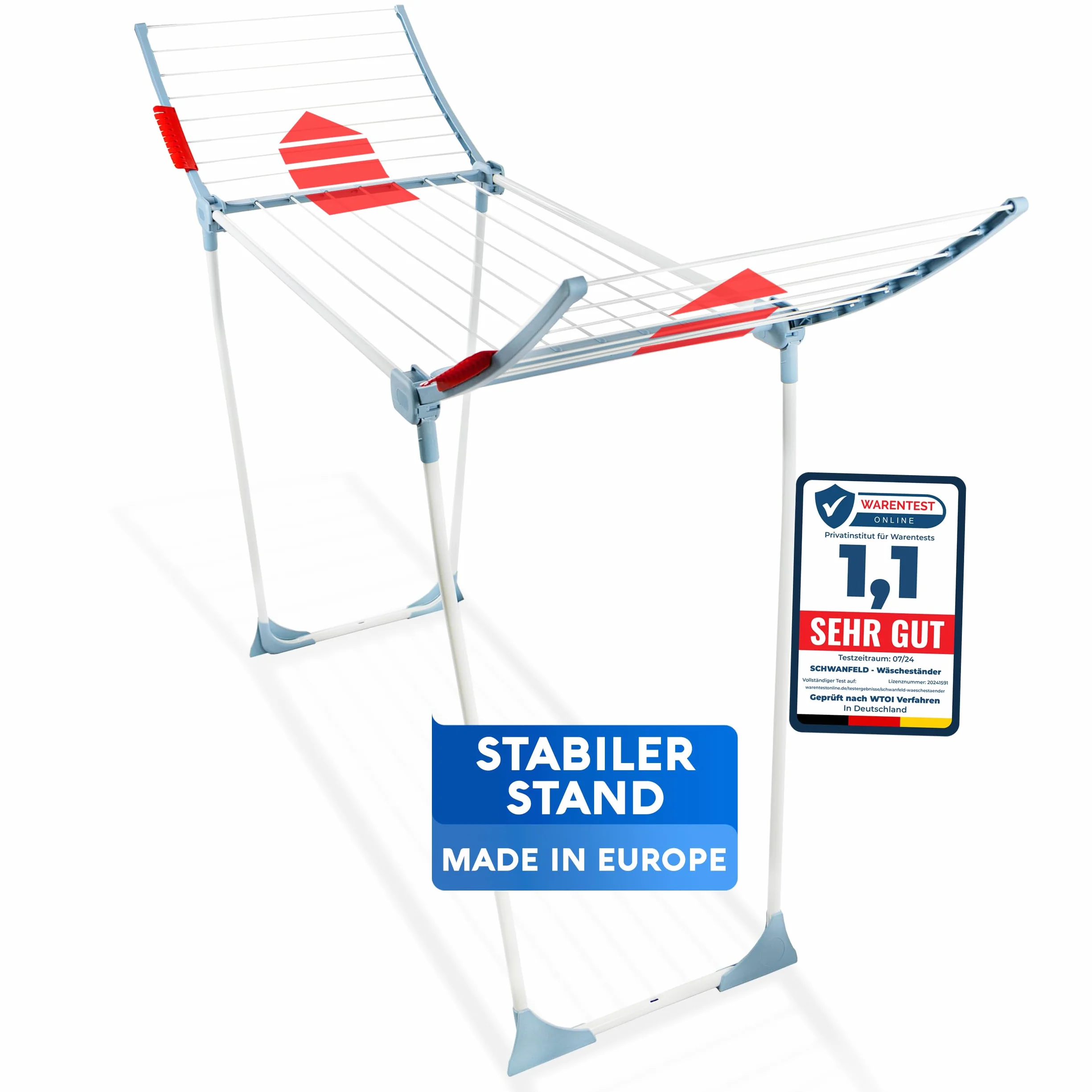 SCHWANFELD® Suszarka na pranie [18 m długości suszenia] – stojak na suszarkę premium – składana suszarka XXL – antypoślizgowa – suszarka stojąca na balkon – stojak na ubrania – stojak na ubrania
