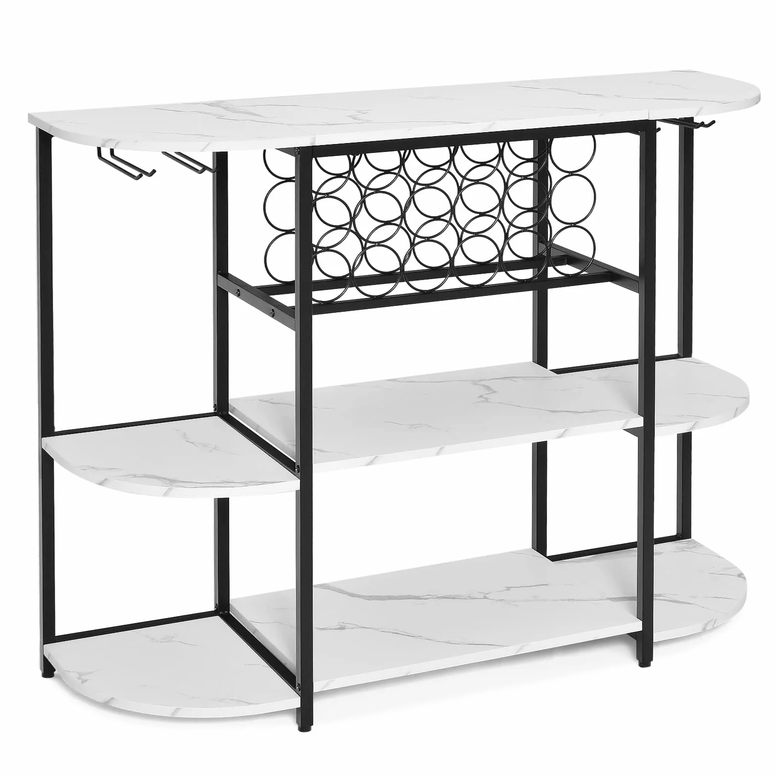 COSTWAY Stojak na wino 120 cm z uchwytem na szkło i półkami, 3-poziomowy regał na butelki na 18 butelek wina i 8 kieliszków, 120 x 40 x 91 cm (biały)