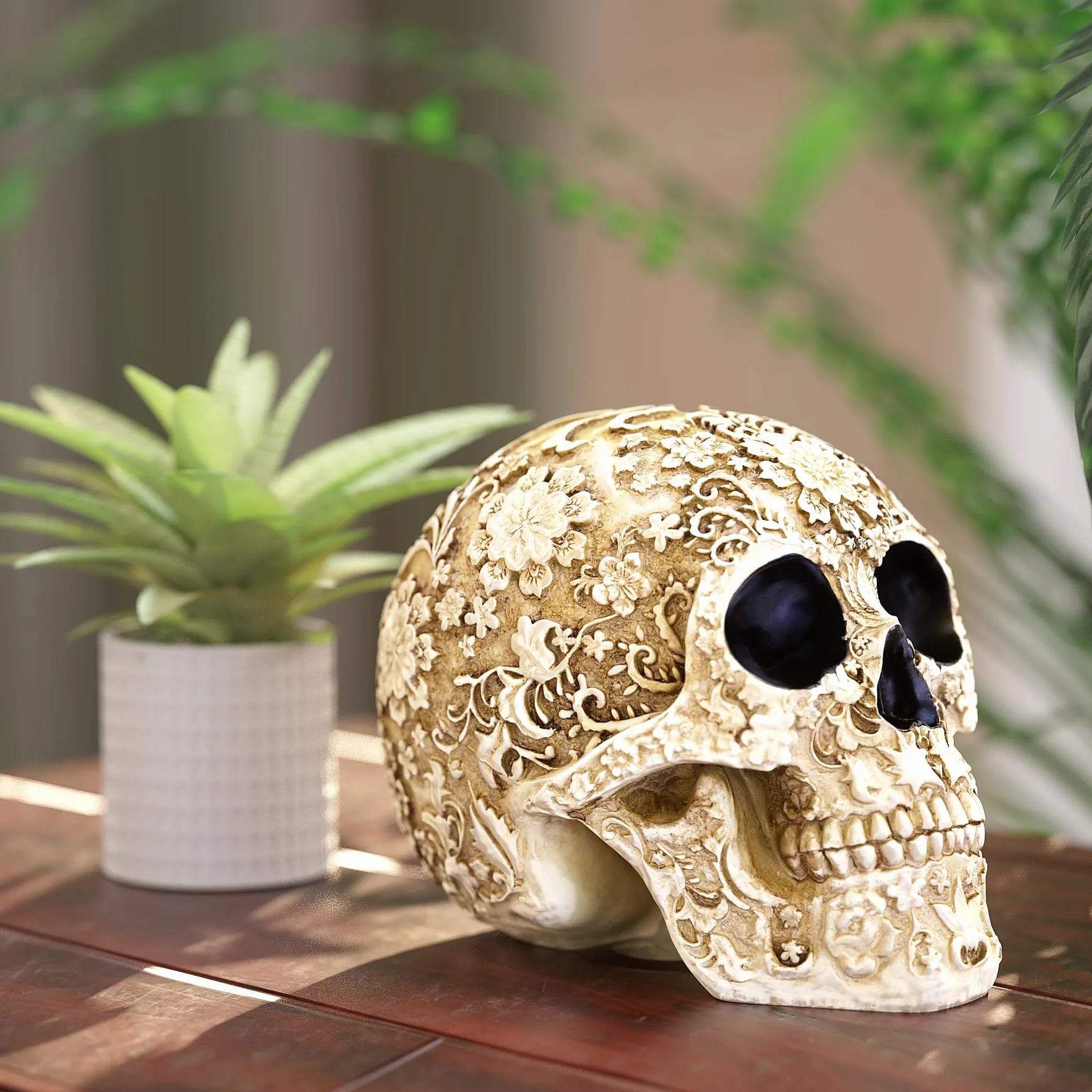 READAEER Replika szkieletu naturalnej wielkości realistyczna ludzka czaszka głowa model kości (kwiatowy)