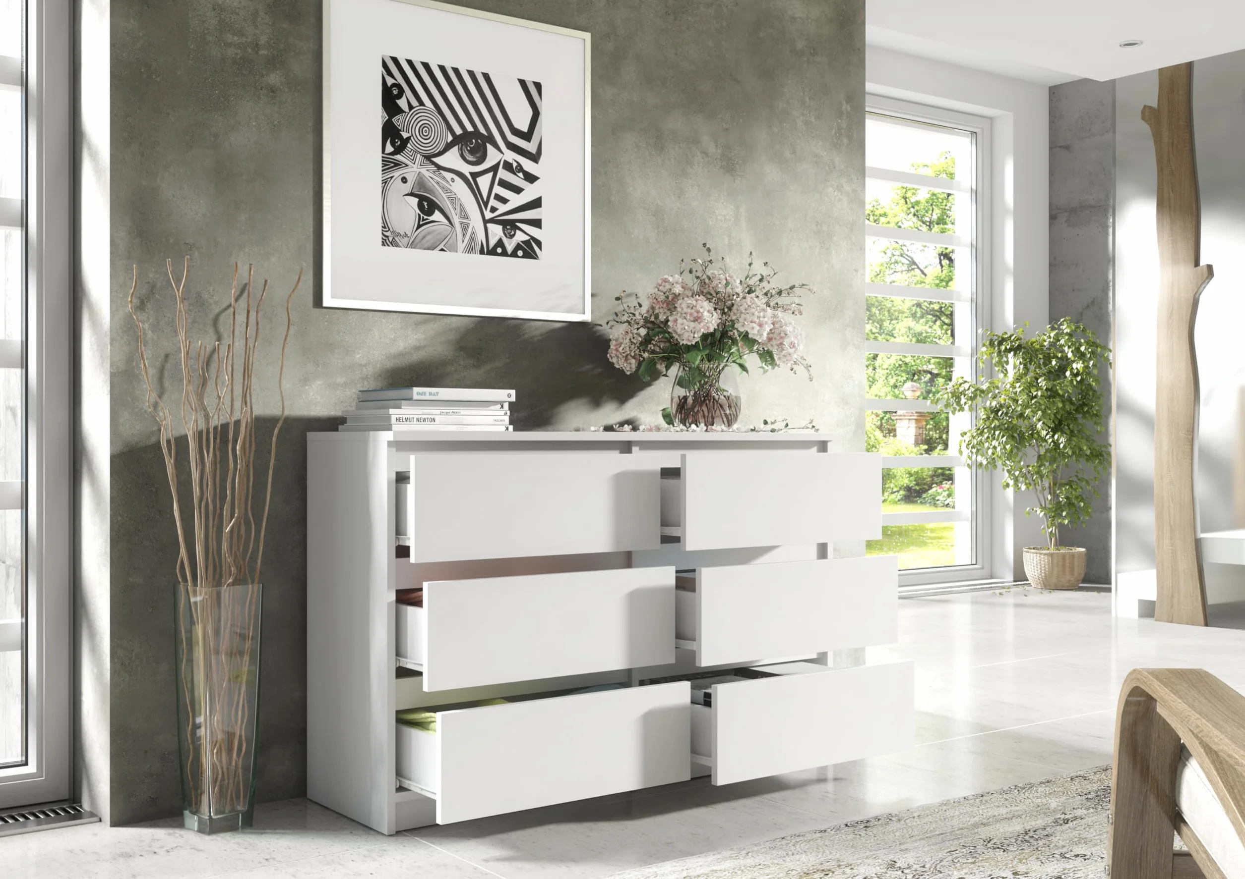 meble masztalerz Komoda Biała Mat z 6 szufladami - 120x78,5x39 cm - Komoda do salonu, sypialni - Szafka z szufladami - Komoda z szufladami - 120 cm