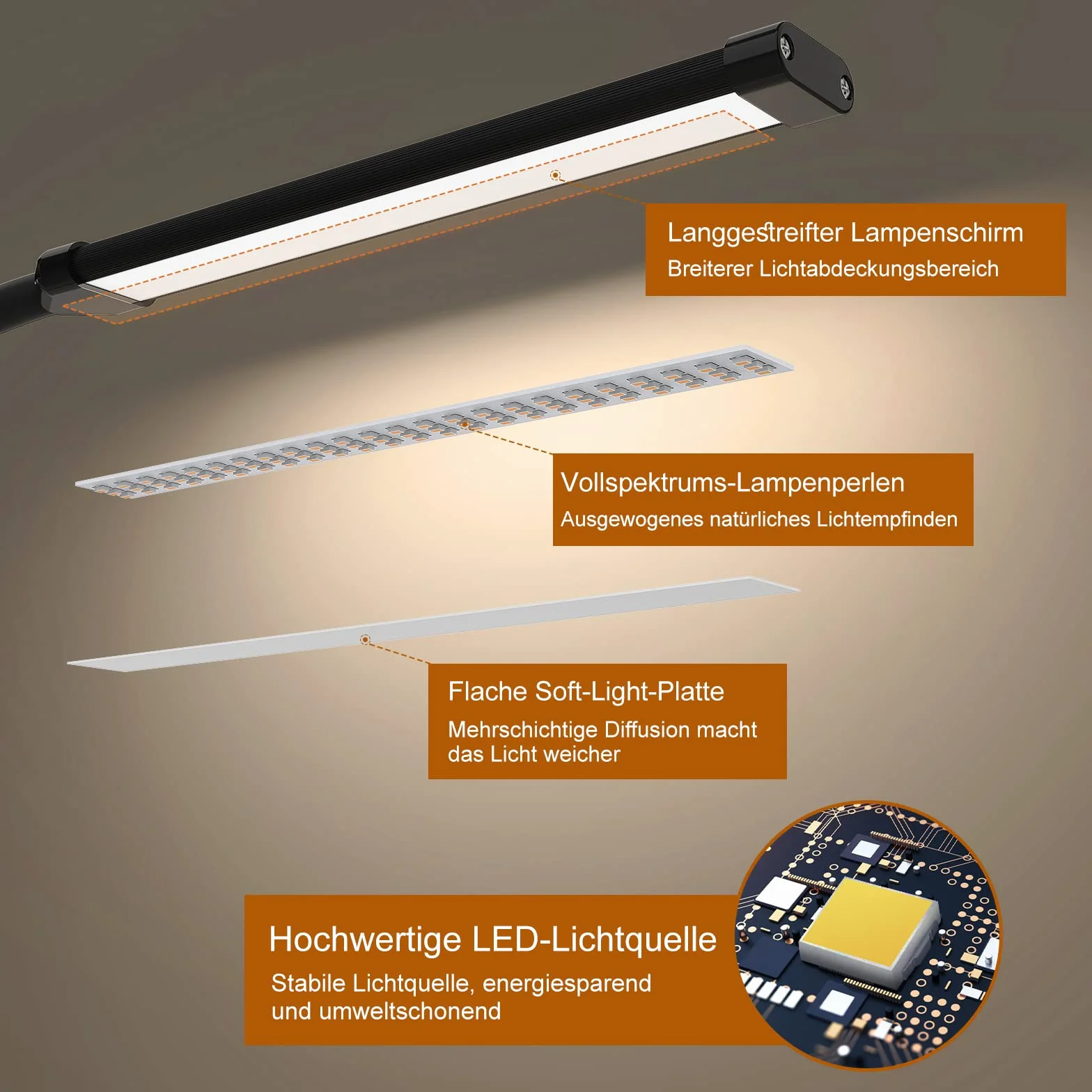 Lampa biurkowa iZELL 77 LED [niezwykła moc oświetlenia] Lampa 70 cm z zaciskiem, 3 kolory i 10 poziomów jasności 360° Elastyczna lampa do czytania z ładowarką USB do domu/bi