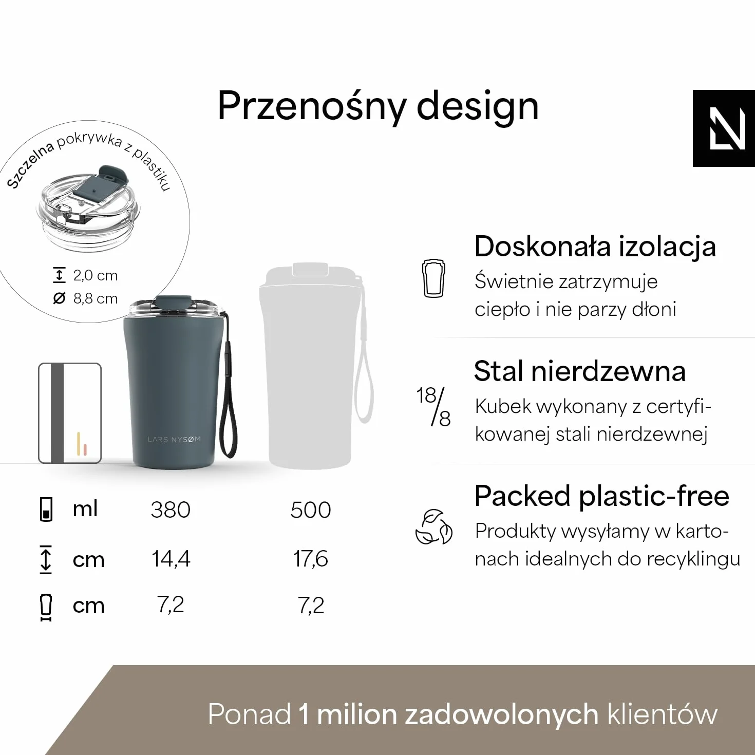 LARS NYSØM Termo kubek do kawy na wynos z uchwytem i pokrywką Tritan | kubek podróżny 0,38 litra z izolacją | szczelny stalowy kubeczek termiczny do kawy i herbaty (Stone Blue, 380ml)