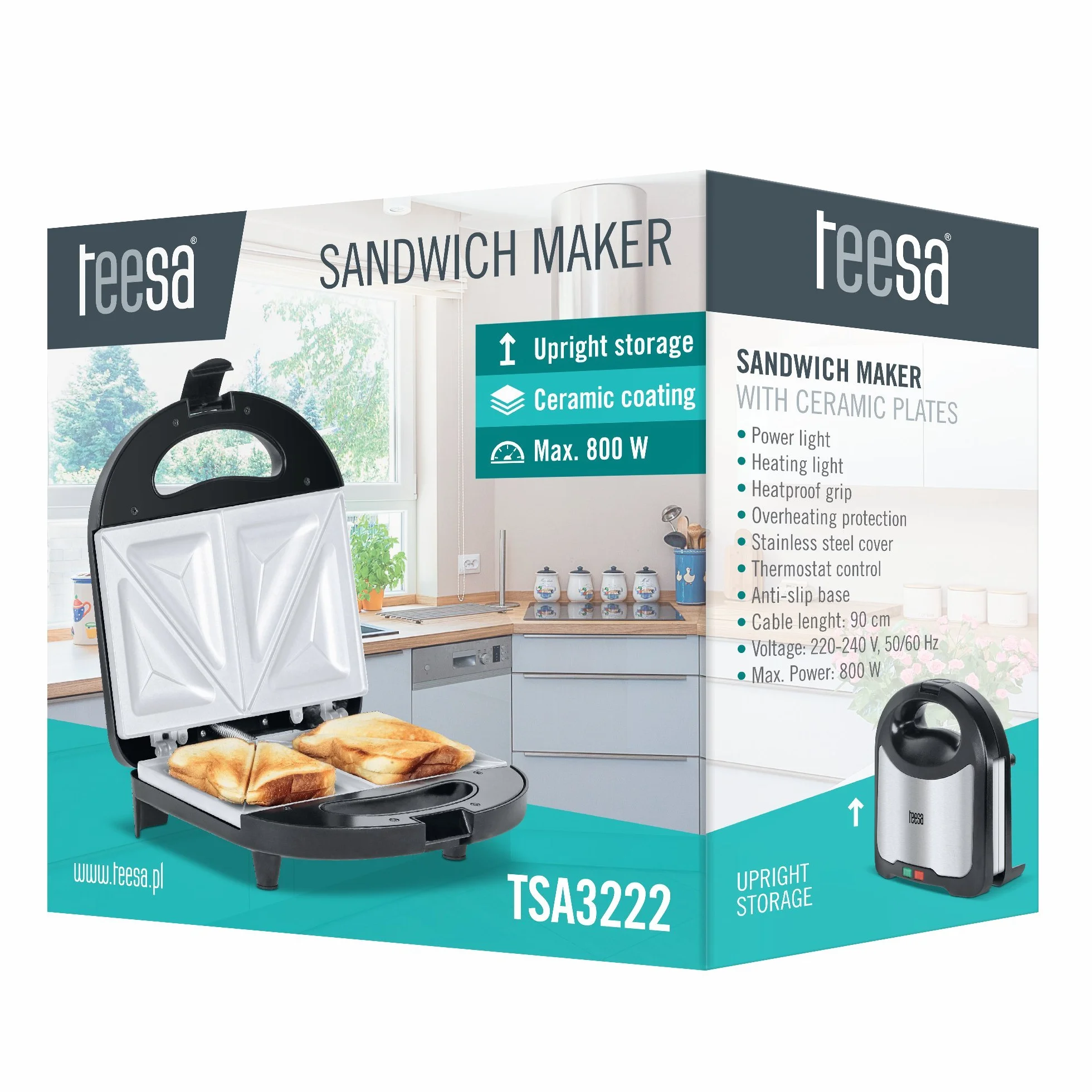 Teesa Opiekacz Do Kanapek 800 W Stal Nierdzewna Wkłady z Powłoki Ceramicznej TSA3222