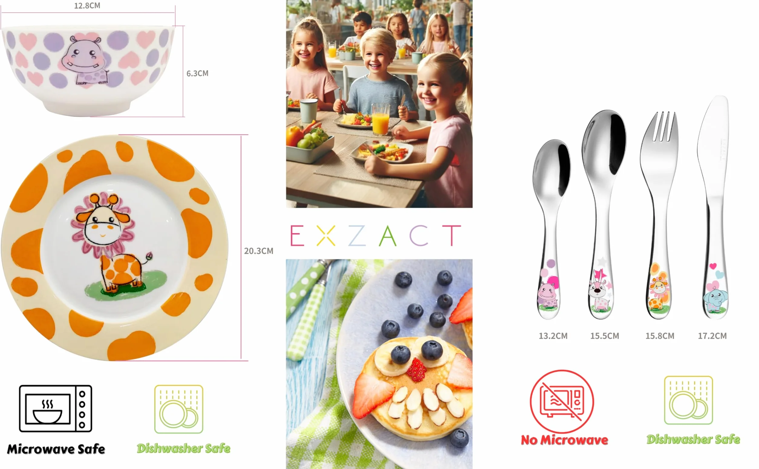 Exzact Zestaw obiadowy dla dzieci, sztućce, zestaw upominkowy, stal nierdzewna, porcelana, 1 miska, 1 x talerz, 1 x nóż obiadowy, 1 x widelec, 1 x łyżeczka, 1 x łyżka stołowa