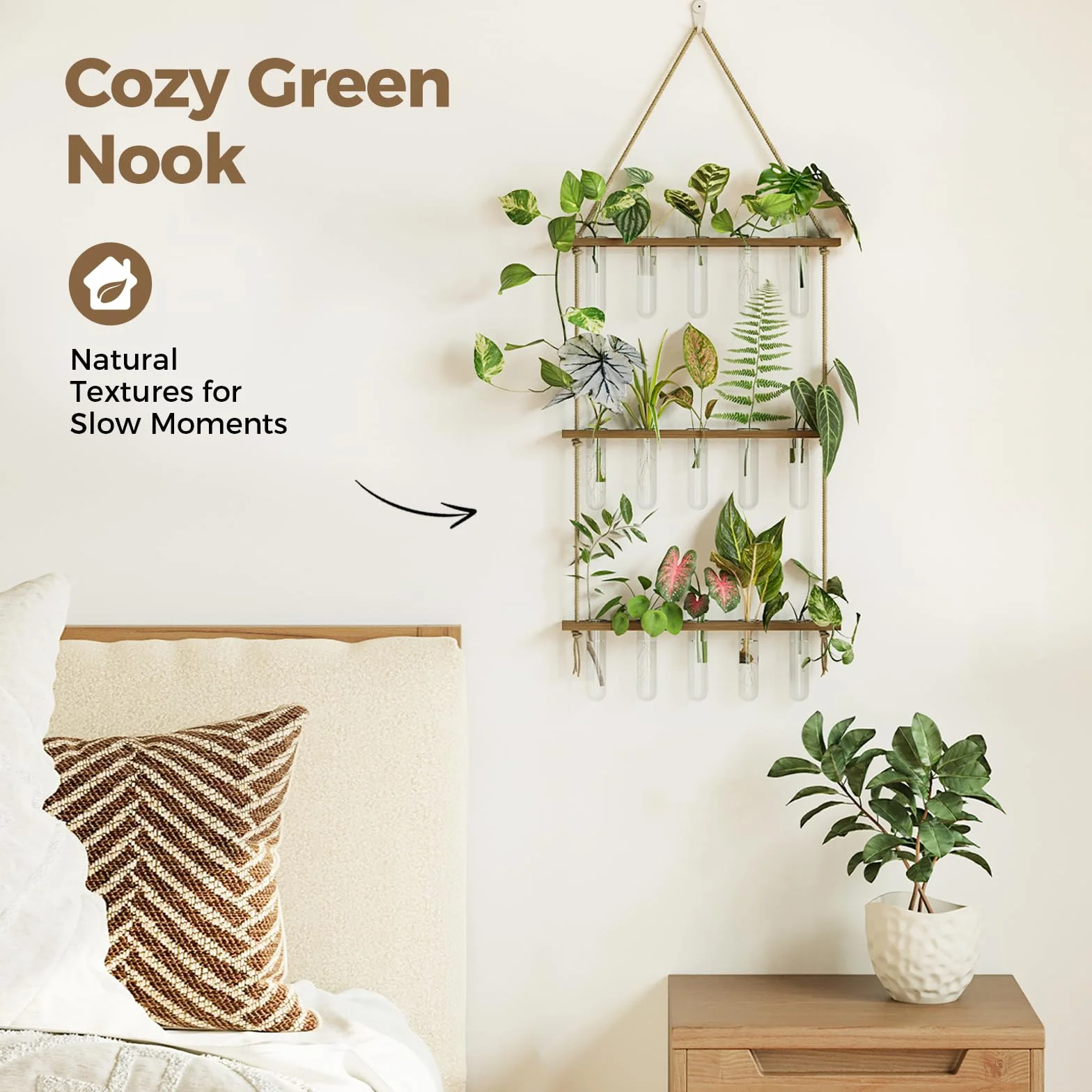 Bamworld Stacja do Rozmnażania Roślin z Drewnianą Stojakiem, 5 Szklanych Probówek na Rośliny, 3-Poziomowy Terrarium do Ukorzeniania, Wazon Hydroponiczny do Domu i Biura