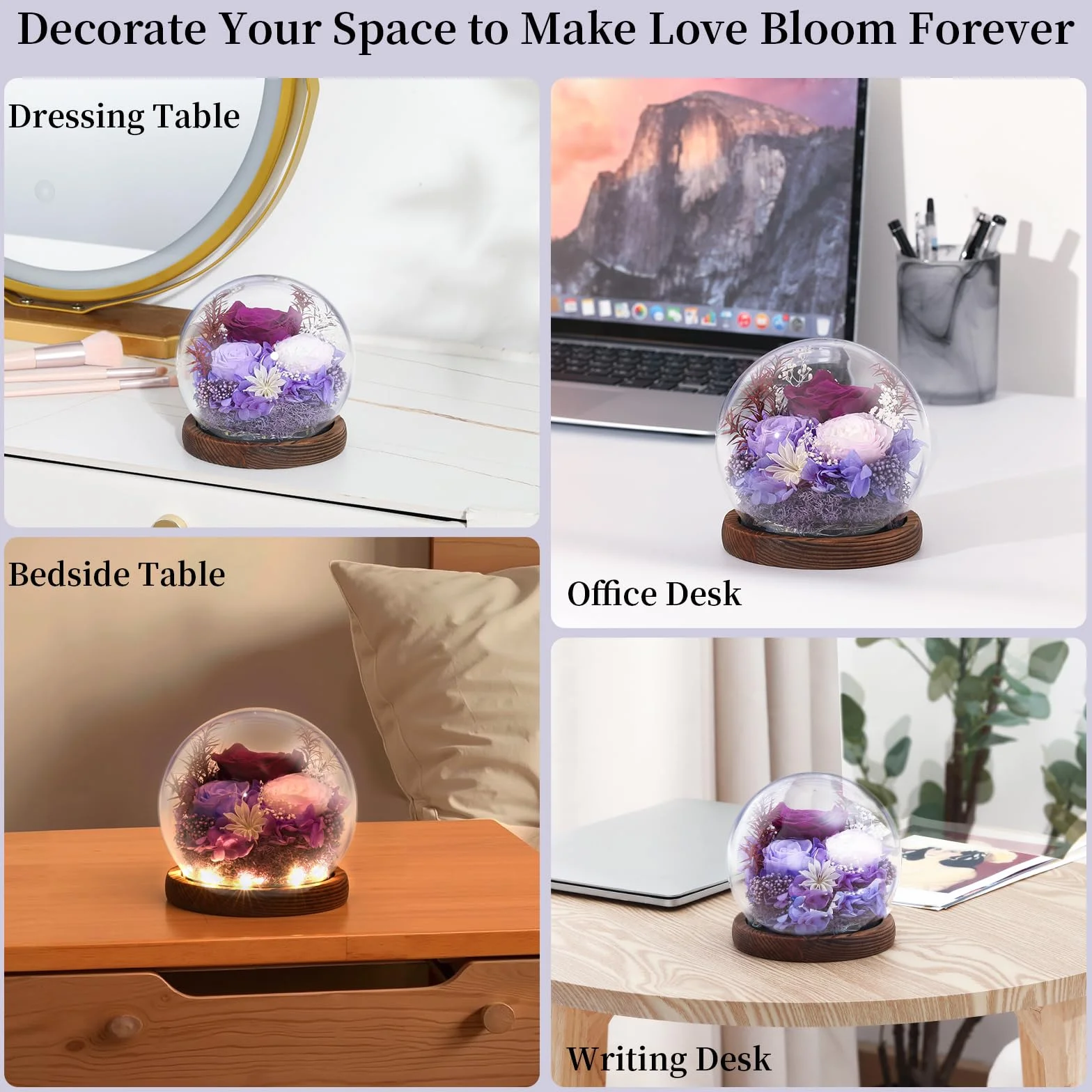 Emibele Mother's Day Eternal Rose Gifts for Mom, Preserved Real Rose in Glass Dome with LED Light for Decoration, Flowers for Delivery Prime, Gifts for Women Wife Her on Birthday Anniversary, Purple