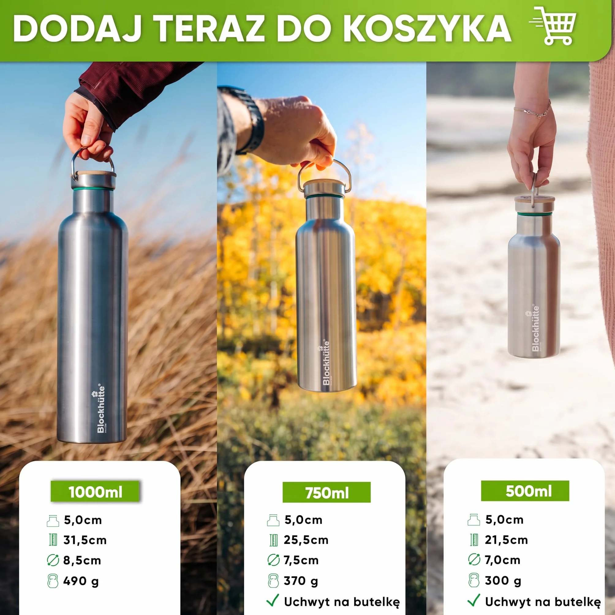 Blockhütte. Butelka na napoje, ze stali nierdzewnej, premium, izolowana, 750 ml, z ekologiczną szczotką do czyszczenia butelki, zabezpieczona przed wyciekiem, nadaje się do zmywarki, do sportu, bez bisfenolu A