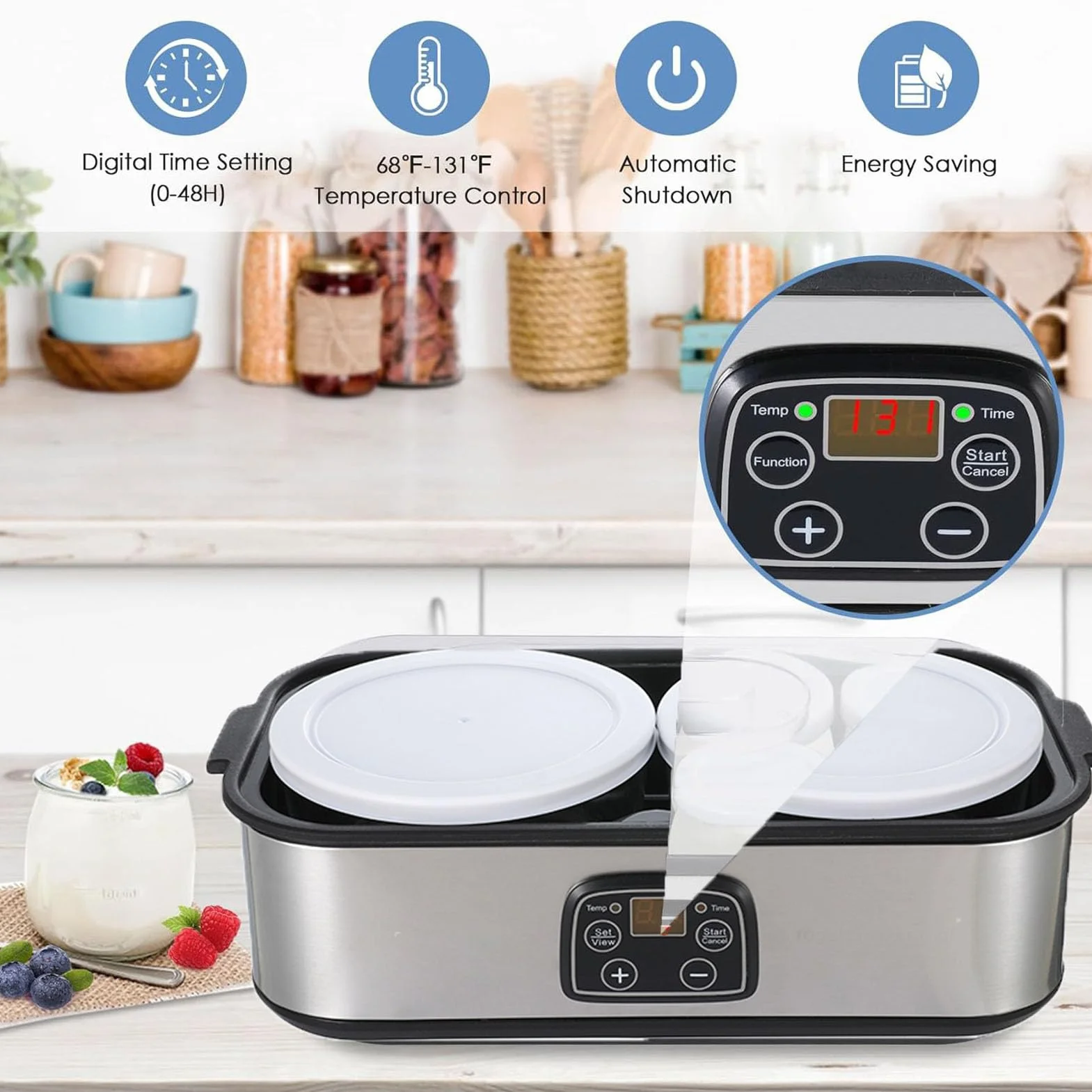 Ejoyous Jogurtownica, Joghurt Maker w Zestawie z 2 Szklanymi Pojemnikami 1000 Ml Automatyczna Regulacja Temperatury Cyfrowy Timer 0-48 Godzin, do Greckiego Jogurtu, Sera (Wtyczka UE 220 V)