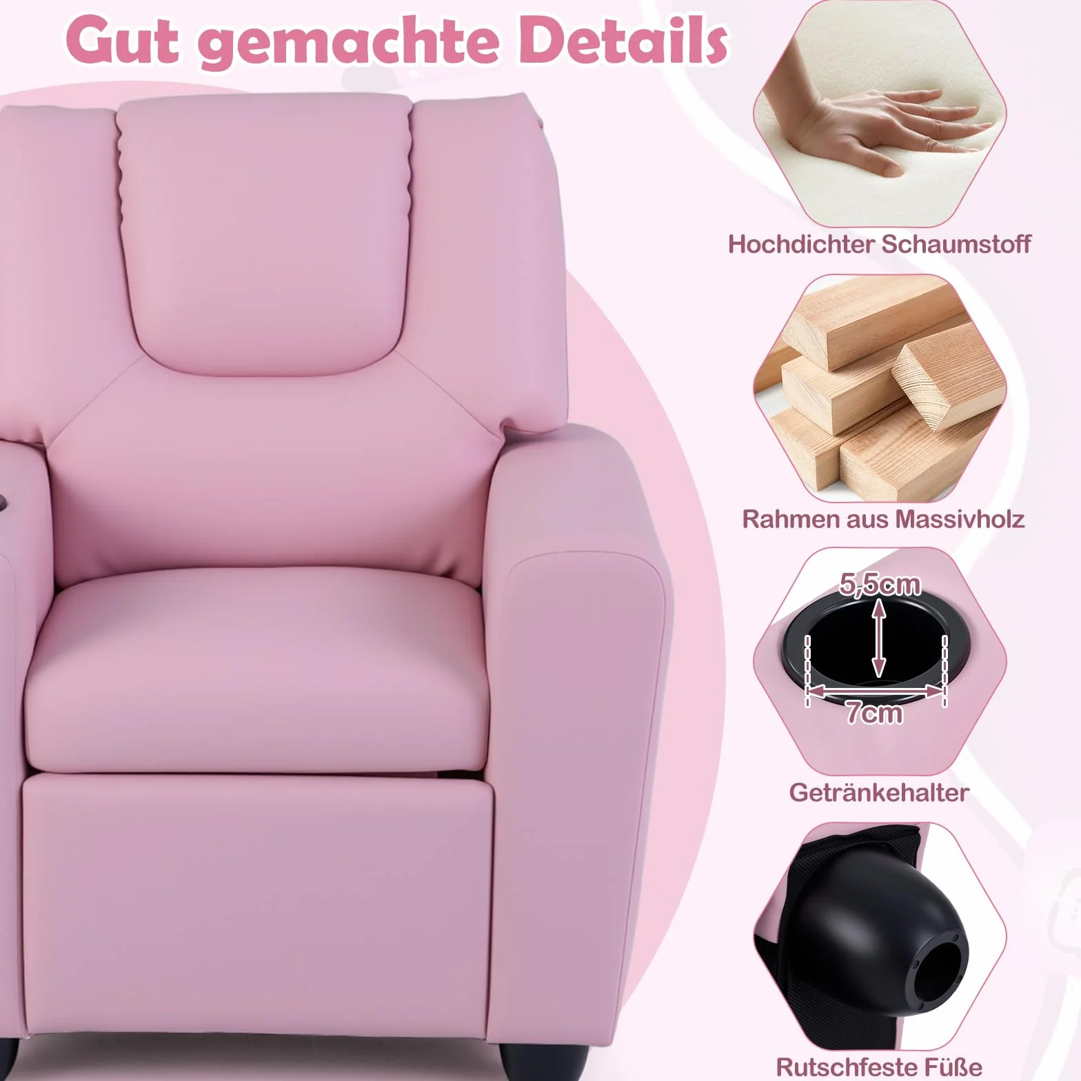 COSTWAY Fotel dziecięcy z funkcją relaksu, sofa dziecięca z podłokietnikami, regulowane oparcie i podnóżek, kanapa dziecięca tapicerowana z uchwytem na napoje, fotel relaksacyjny dla dzieci od 3 lat