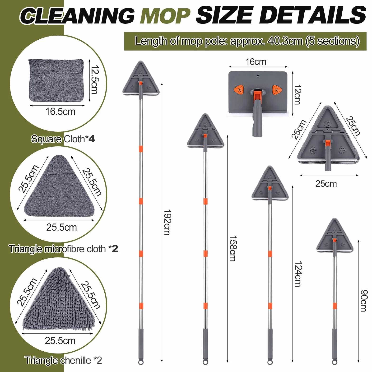 Regulowany trójkątny mop, mop do czyszczenia z długim uchwytem 200 cm, wysuwany mop do czyszczenia, regulowany mop obrotowy o 180°, mop do czyszczenia z 8 podkładkami podłogowymi, ścianą
