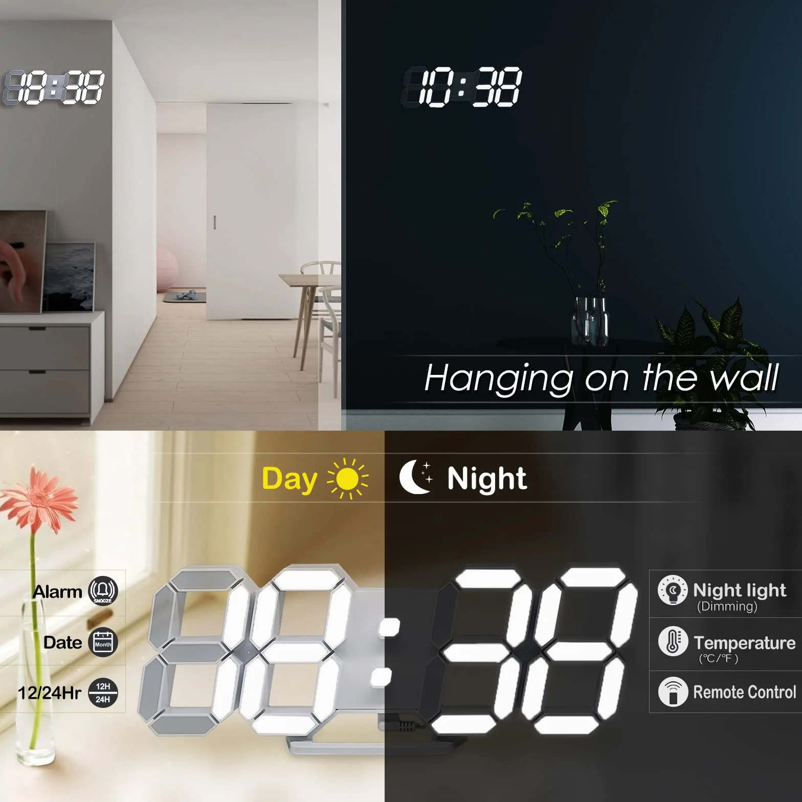 KOSUMOSU Zegar cyfrowy 3D LED zegar ścienny 24,6 cm, zegar stołowy, duży wyświetlacz, cyfrowy zegar ścienny, zegar biurkowy z pilotem zdalnego sterowania, temperatura 12/24 h (białe światło)