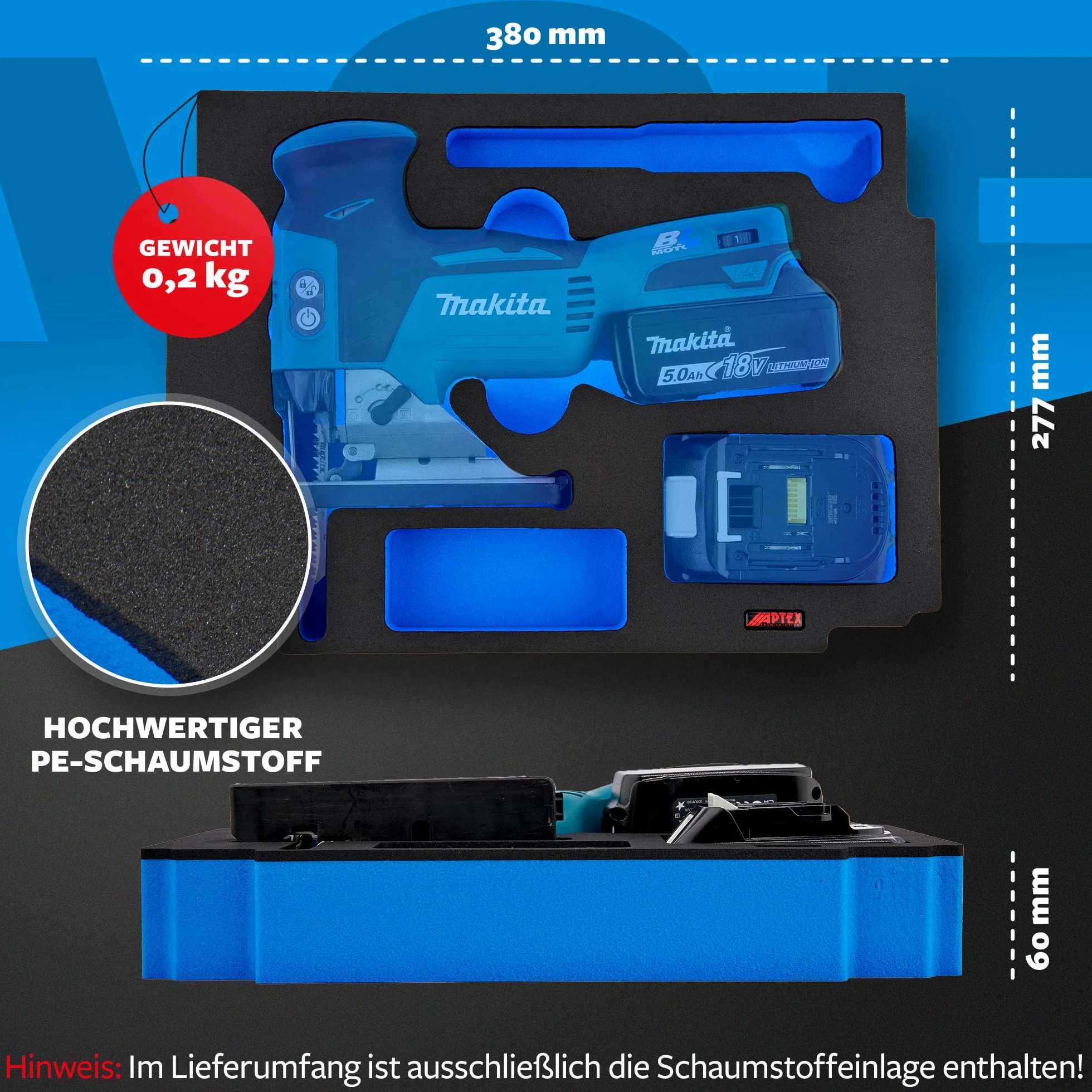 𝖠𝖯𝖳𝖤𝖷 Schaumeinlage passend für Makita Akku- Pendelhubstichsäge DJV 181 für MakPac Gr. 2-3