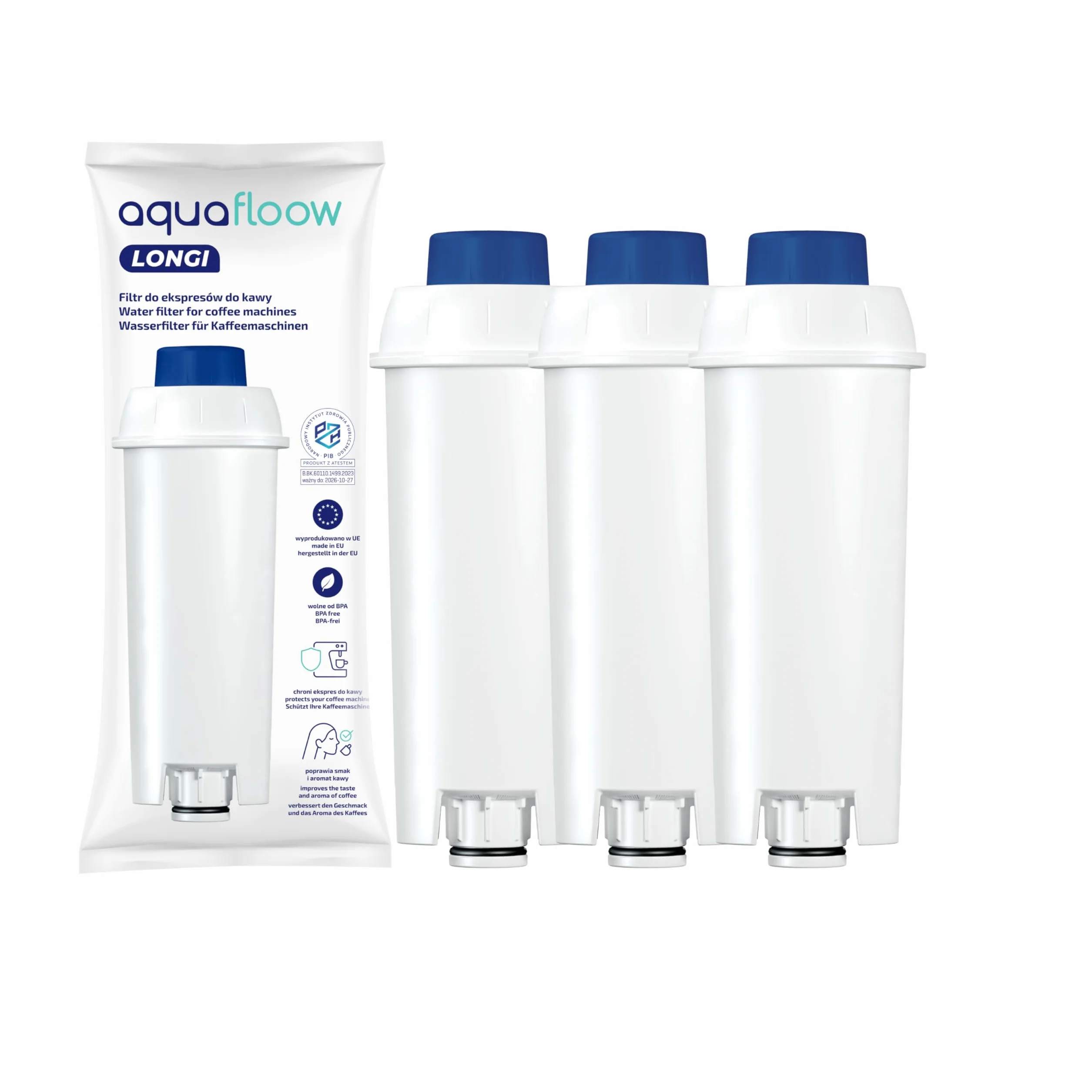 Aquafloow Zestaw Pielęgnacyjny kompatybilny z DeLonghi – 3x Filtr Wody (za DLSC002), EcoDecalk Odkamieniacz (500ml) & Eco MultiClean (250ml) – Kompletny Pakiet Serwisowy