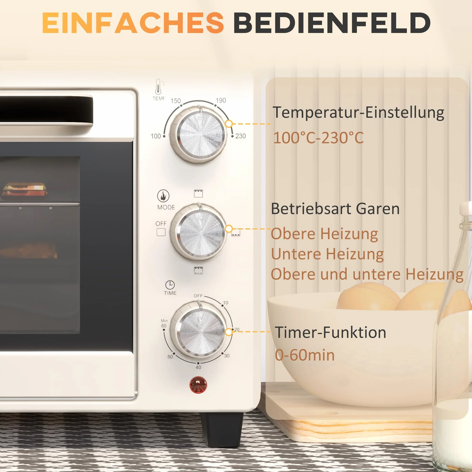 HOMCOM Mini piekarnik 21 l, 1400 W, 100-230°C, timer 60 min, blacha do pieczenia, ruszt do grillowania, pizza, kremowy biały