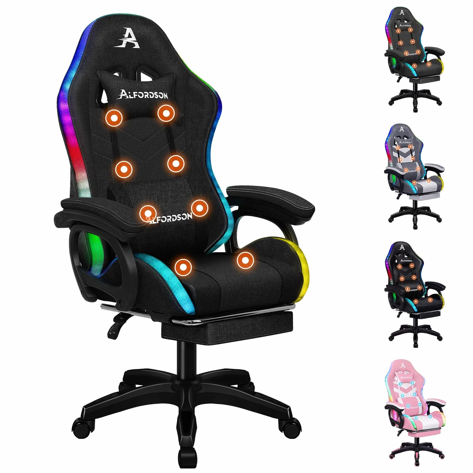 ALFORDSON krzesło gamingowe, krzesło wyścigowe z oświetleniem RGB LED, fotel do masażu komputerowego z podnóżkiem, ergonomiczne krzesło obrotowe z dźwignią, materiał, czarny