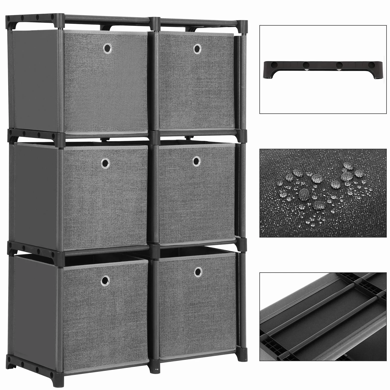 SONGMICS LSN66BK regał wtykowy, system przechowywania 6 kostek, z 6 pudełkami z materiału, wielofunkcyjny, z wytrzymałą metalową ramą, gumowym młotkiem, 105 x 105 x 30 (szer. x wys. x głęb.), kolor
