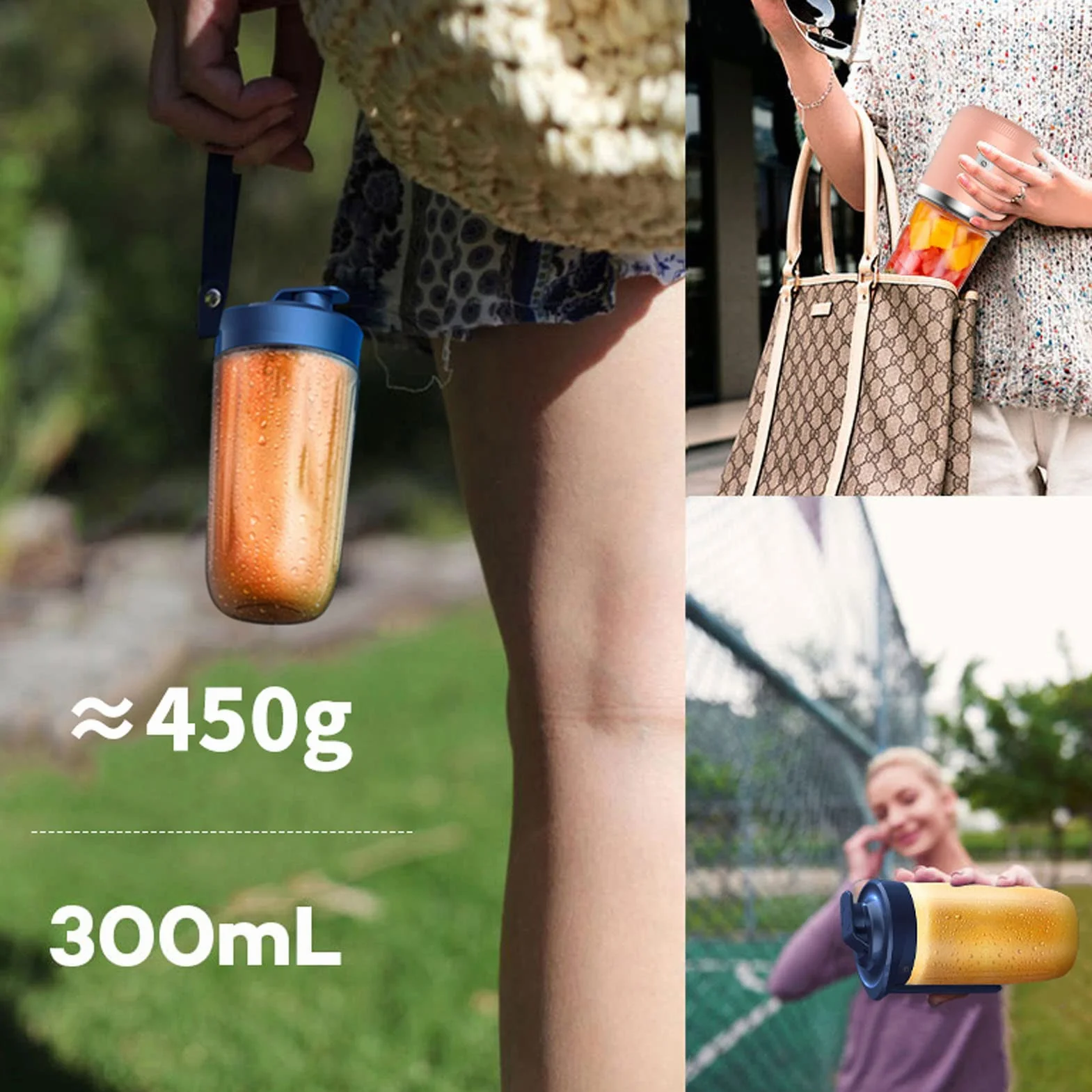 Mini mikser elektryczny, przenośny blender 300 ml, blender owocowy, 1200 MAh, mini ekstraktor do soku ładujący USB z pokrywką, 6 ostrzy do (niebieski, 6 ostrzy, pokrywka)