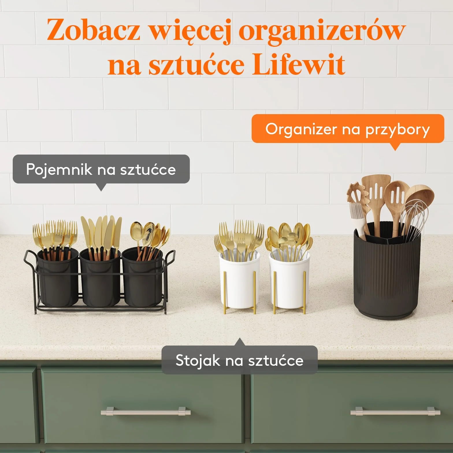 Lifewit Uchwyt na przybory do przechowywania w kuchni, pojemnik na sztućce z antypoślizgową obrotową podstawą, duża 3-komorowa plastikowa łyżka, szpatułka, sztućce, organizer na sztućce z suchym