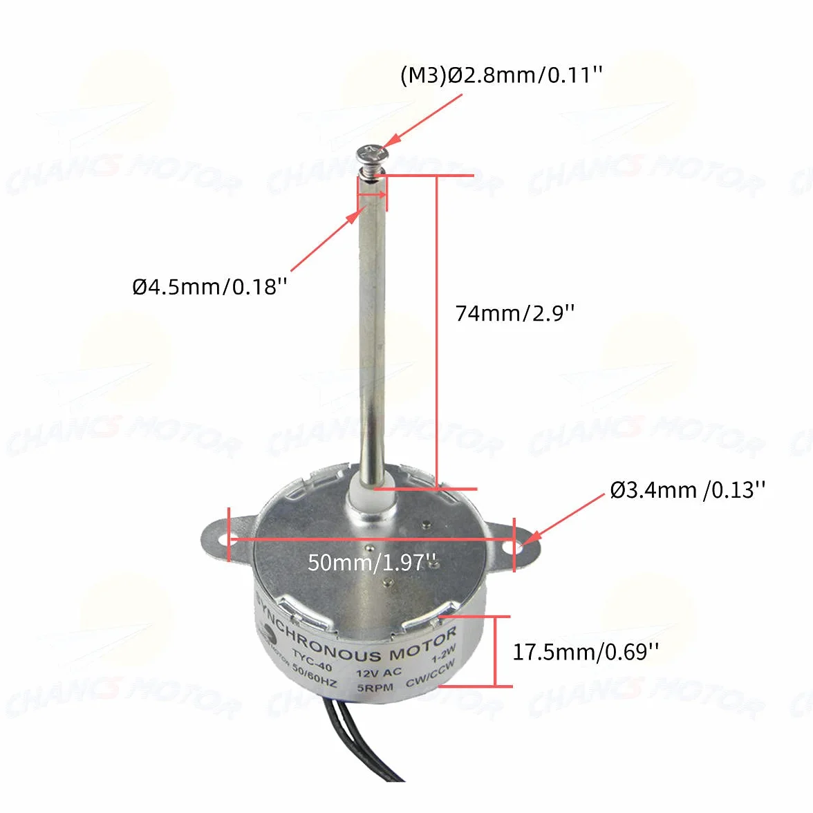 CHANCS TYC-40 mały silnik synchroniczny DC 12 V 5 obr./min, długość wału wewnętrznego 74 mm CW/CCW, silnik elektryczny, reduktor biegów, silnik 2 szt