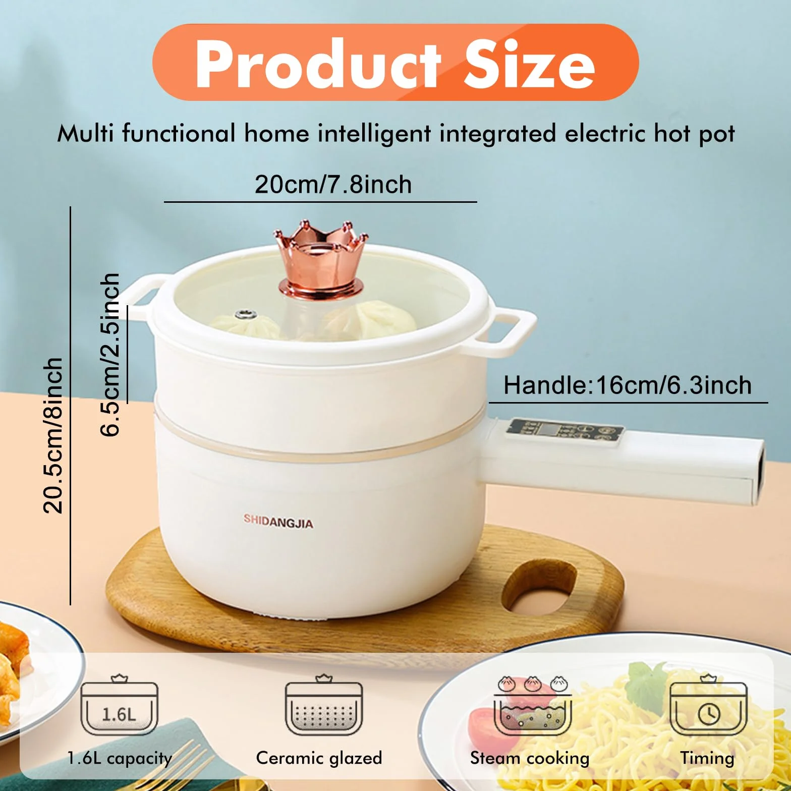 Elektryczny garnek Hot Pot z parowarem, elektryczny hot Pot 1,6 l, mini nieprzywierający garnek wielofunkcyjny, nieprzywierająca mini patelnia elektryczna, funkcja planowania, szybka kuchenka do ramen