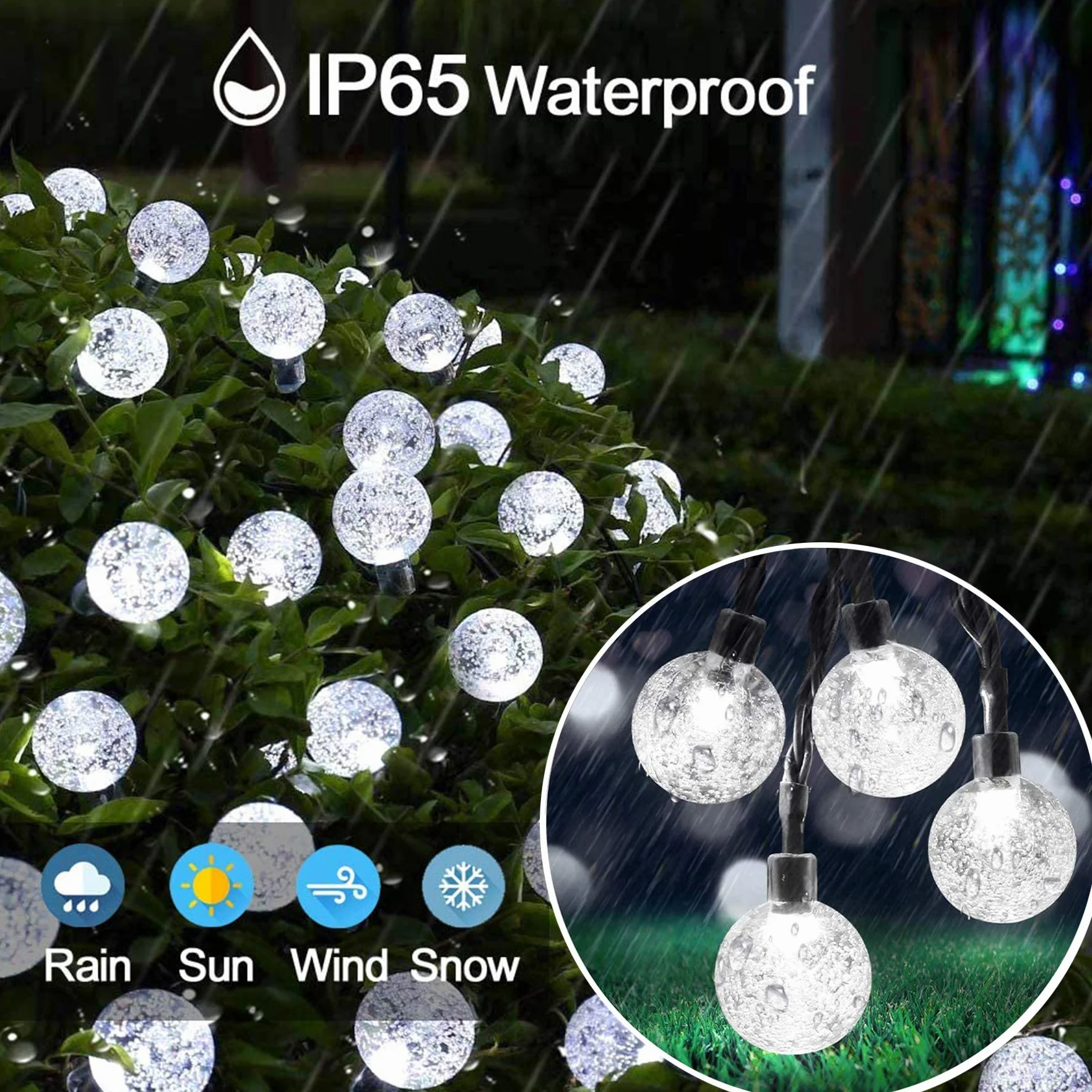 Augone Solarne lampy ogrodowe wodoodporne, 50 diod LED, 7 m/24 stóp łańcuch świetlny solarny na zewnątrz, 8 trybów, świetlne kule do użytku wewnątrz/na zewnątrz, na patio, trawnik, podwórko, na wesele