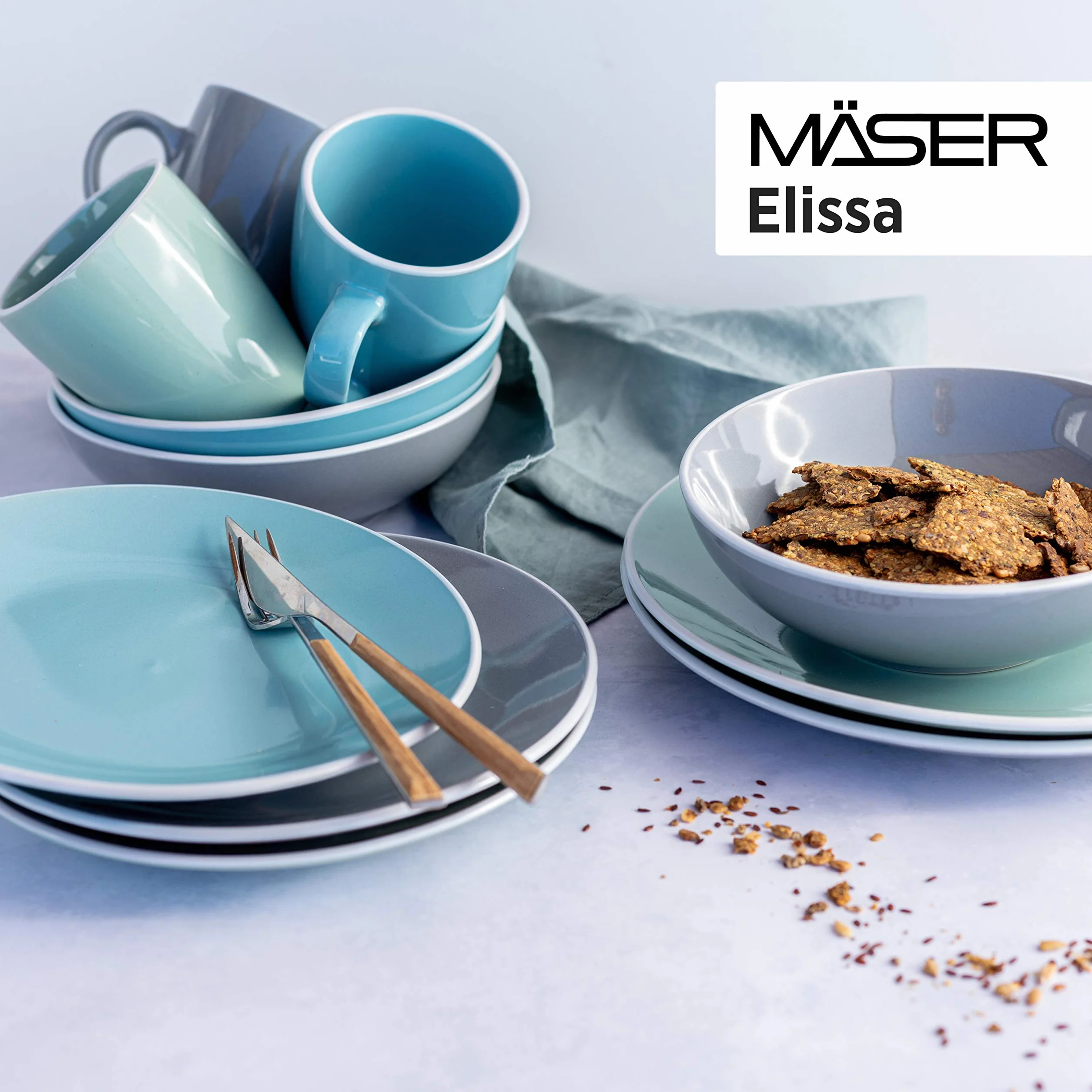 MÄSER 931845 seria Elissa nowoczesny zestaw naczyń dla 6 osób w kolorze zielonym z białą krawędzią, 24-częściowy serwis łączony, kamionka