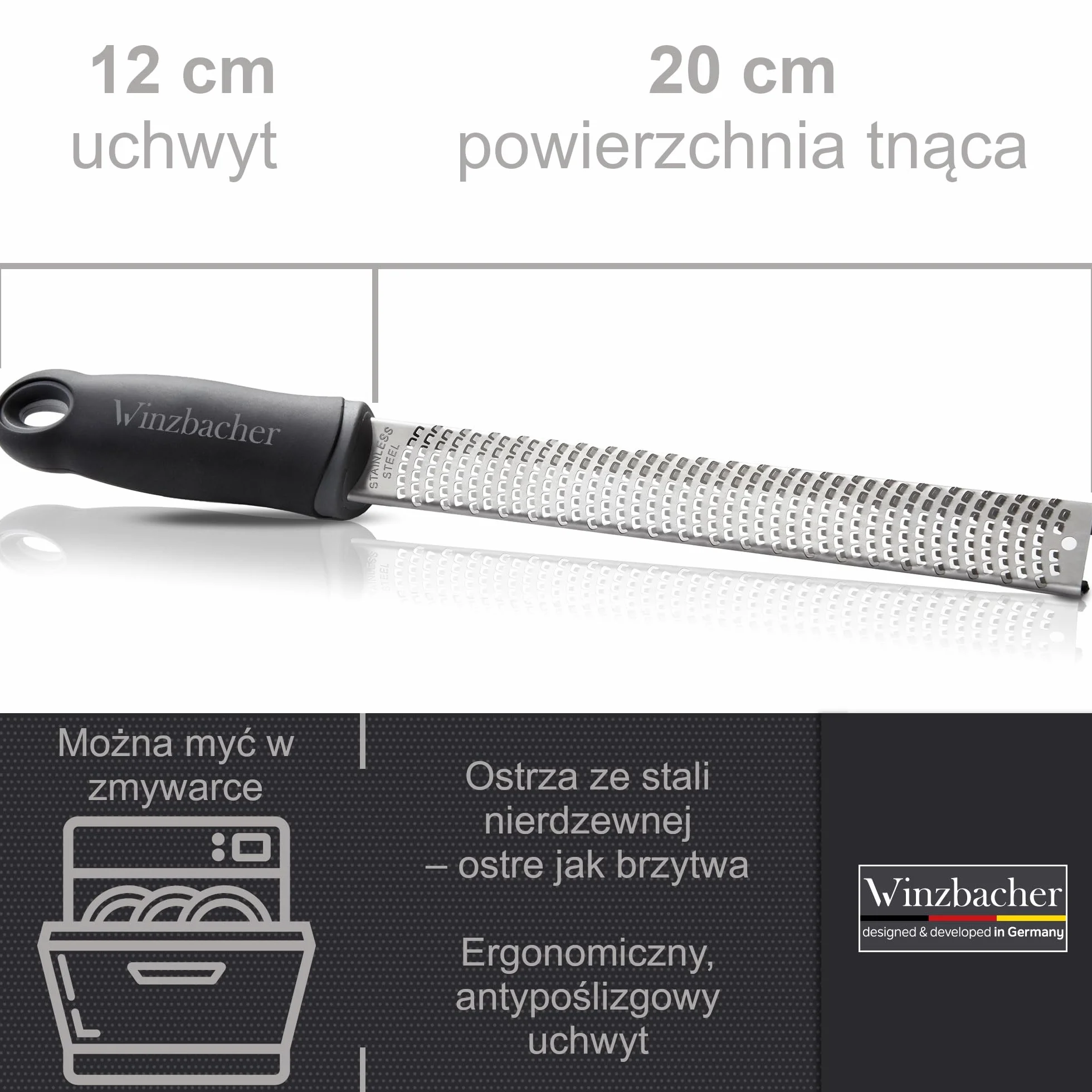 Winzbacher Premium Zester – tarka do parmezanu, cytryny, gałki muszkatołowej i imbiru ze stali nierdzewnej