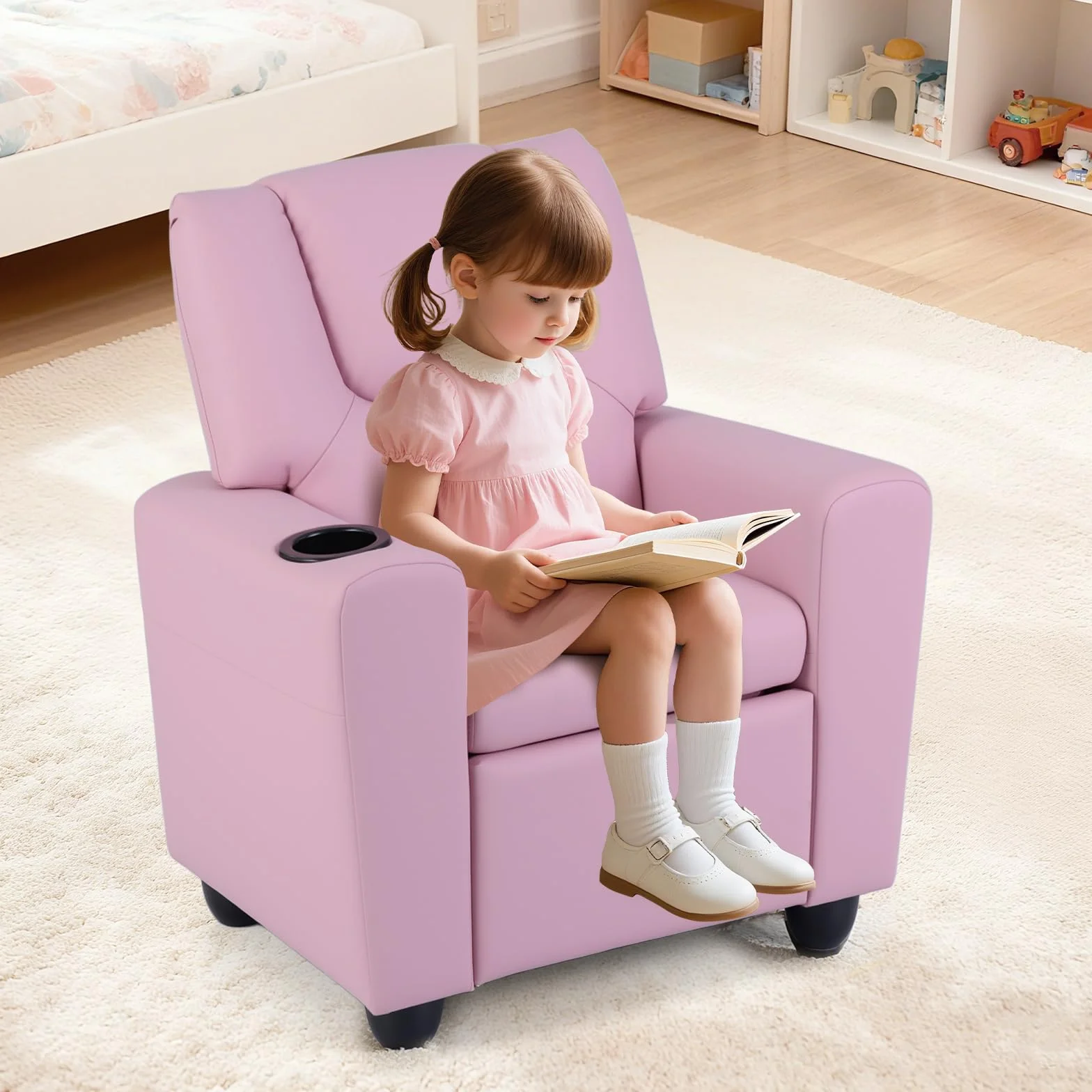 COSTWAY Fotel dziecięcy z funkcją relaksu, sofa dziecięca z podłokietnikami, regulowane oparcie i podnóżek, kanapa dziecięca tapicerowana z uchwytem na napoje, fotel relaksacyjny dla dzieci od 3 lat