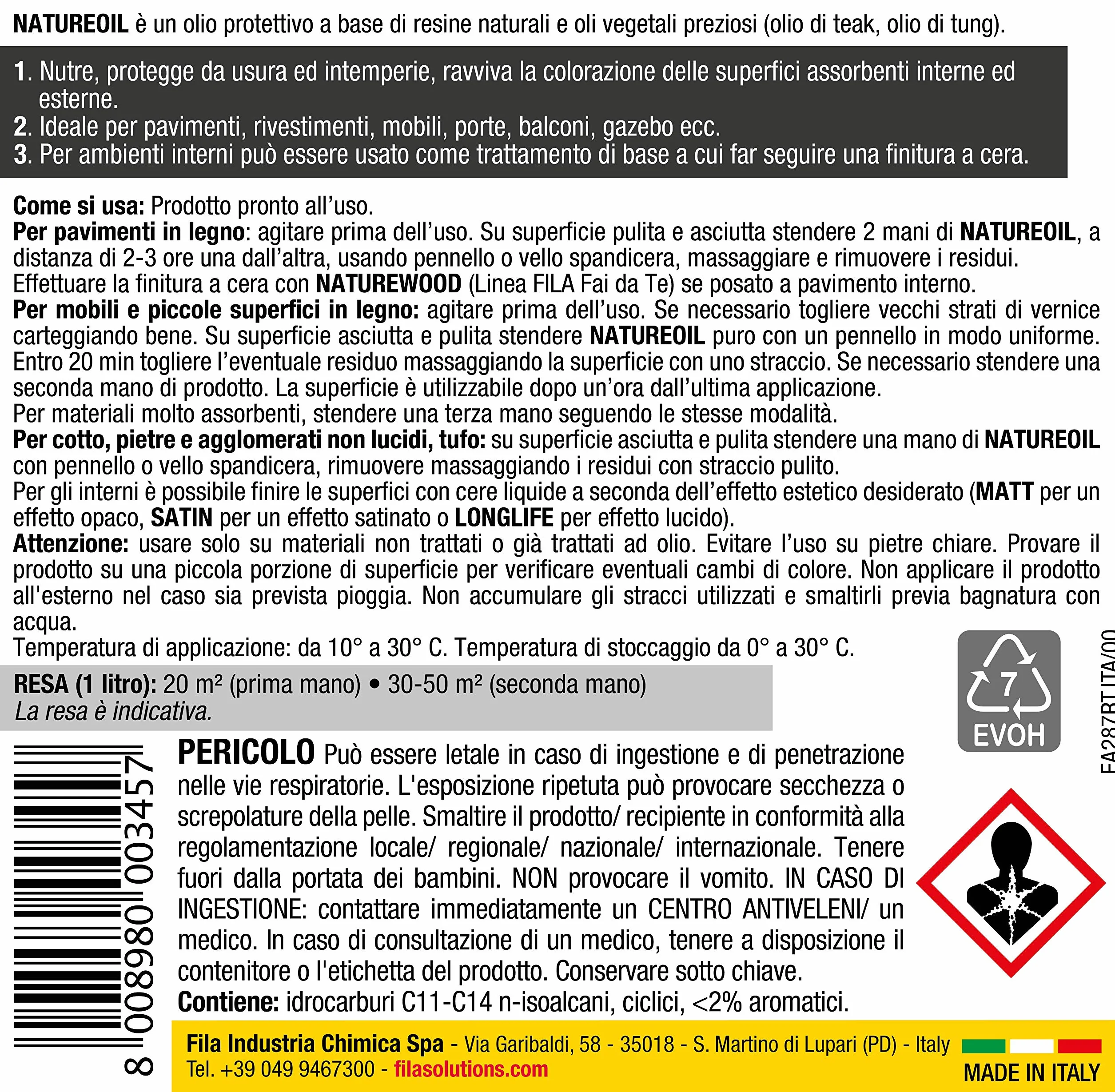FILA Surface Care Solutions, Naturalny olej, 3 w 1, naturalny olejek ochronny: pielęgnuje, chroni i ożywia powierzchnie z drewna, terakoty, kamienia i aglomeraty, 1 l