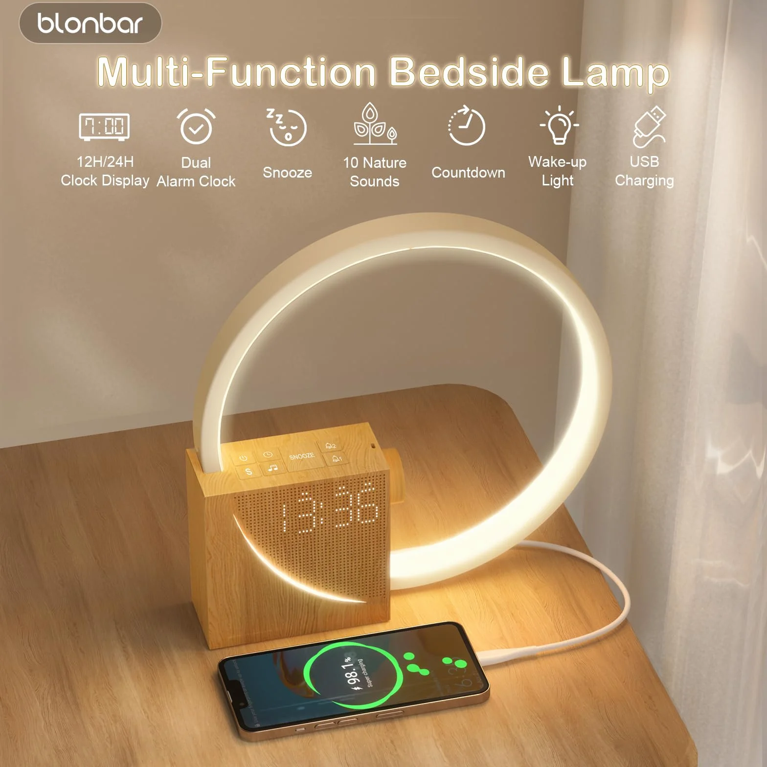 blonbar Lampka nocna z budzikiem świetlnym Wake Up, lampa stołowa z funkcją ładowania USB 10 W, sterowanie dotykowe, ściemniana,3 poziomy jasności