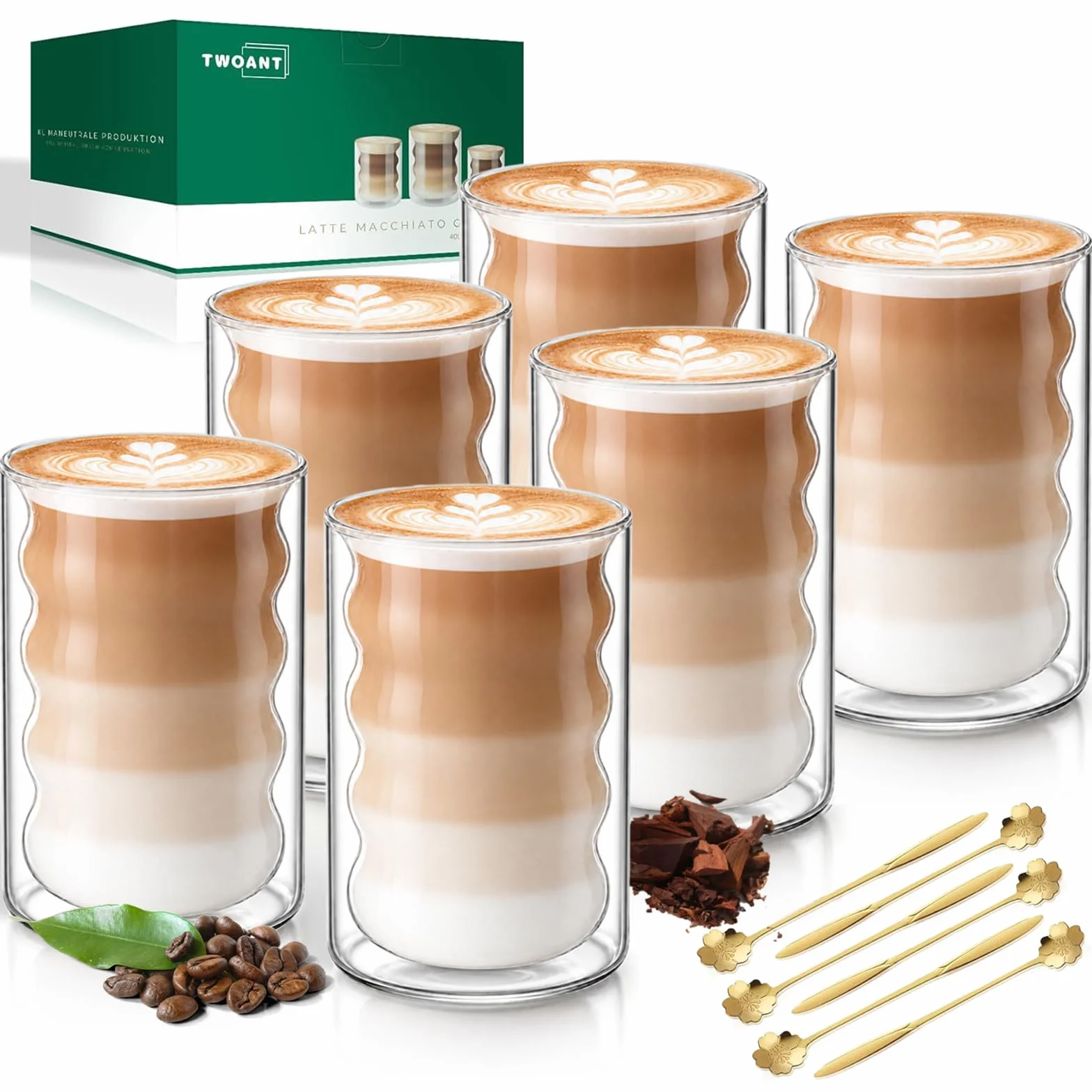 Szklanki do latte macchiato z podwójnymi ściankami, 400 ml, do kawy, cappuccino, espresso i herbaty, spiralne szklanki termiczne, ze szkła borokrzemowego, 6 szklanek i 6 łyżeczek