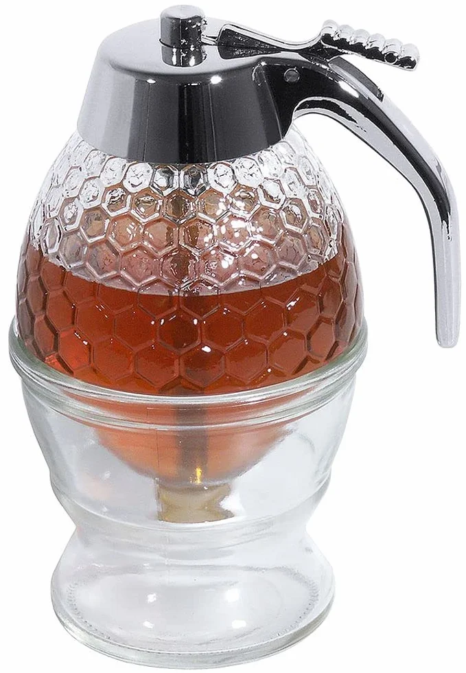 Contacto dozownik do syropu, czyste dozowanie bez kapania, z praktycznym naczyniem, szkło prasowane, chromowana nasadka, wysokość 15 cm, pojemność 200 ml