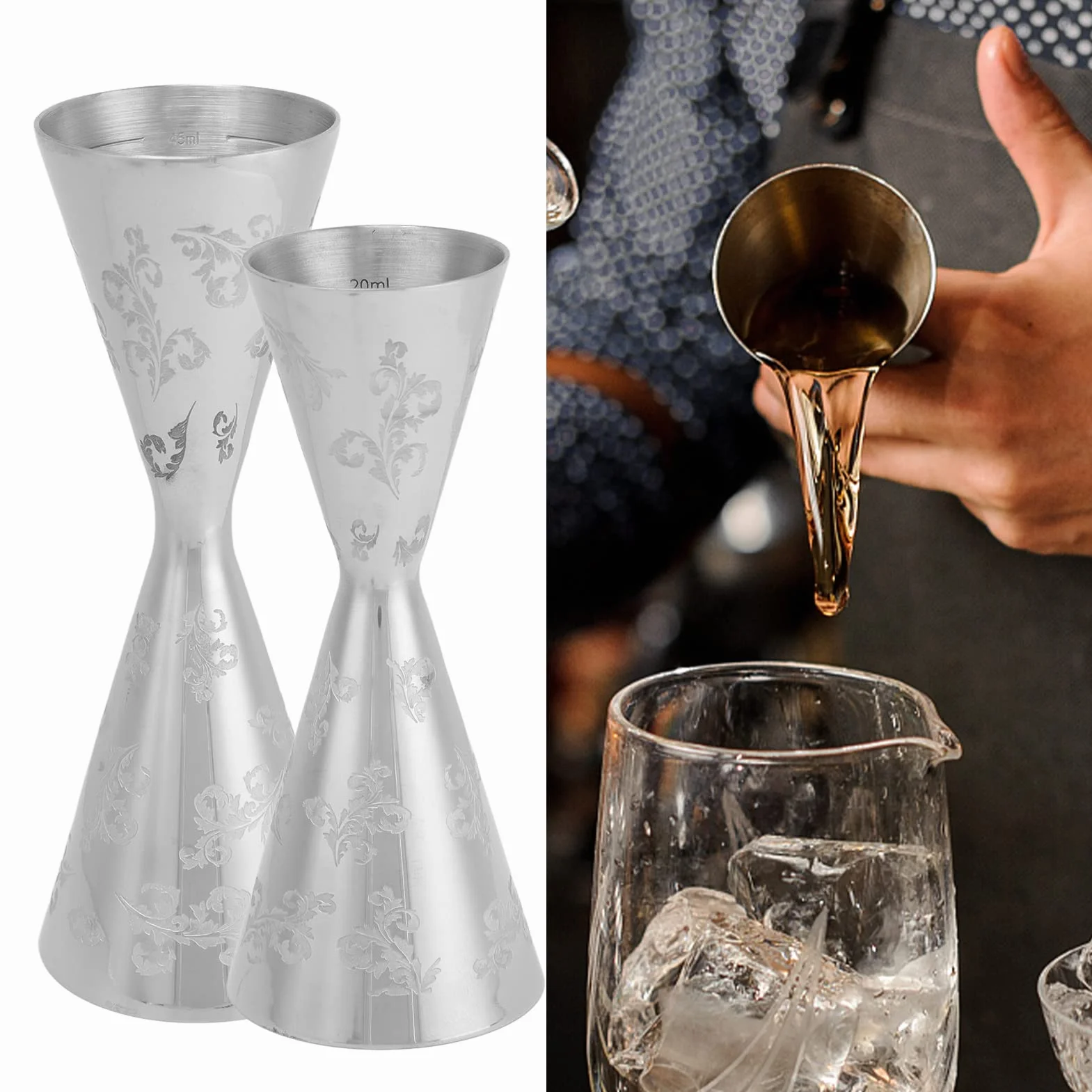 Koktajl z miarką, Jigger Bar Jigger Kubek Barista Podwójna głowa Dozowniki koktajlowe ze stali nierdzewnej z paskami ze stali nierdzewnej do baru (Large)